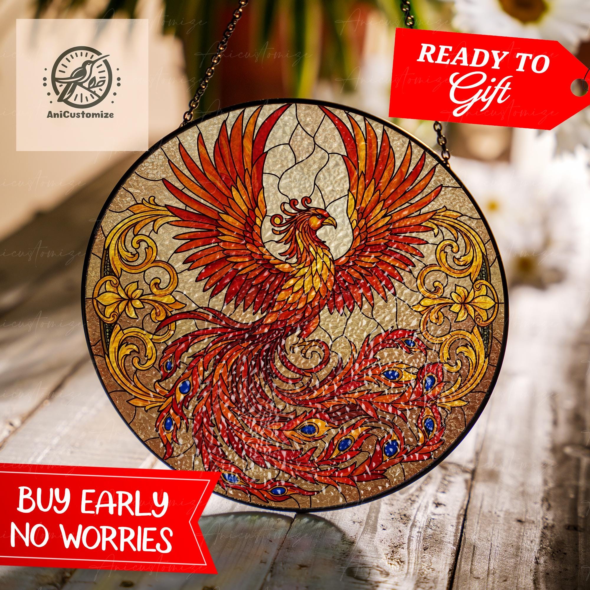 Mythical Phoenix GLASS Suncatcher, Phoenix Window Decor, Mythical Bird Decor, Phoenix Lover Gift, Phoenix Home Decor, Mother's Day Gift