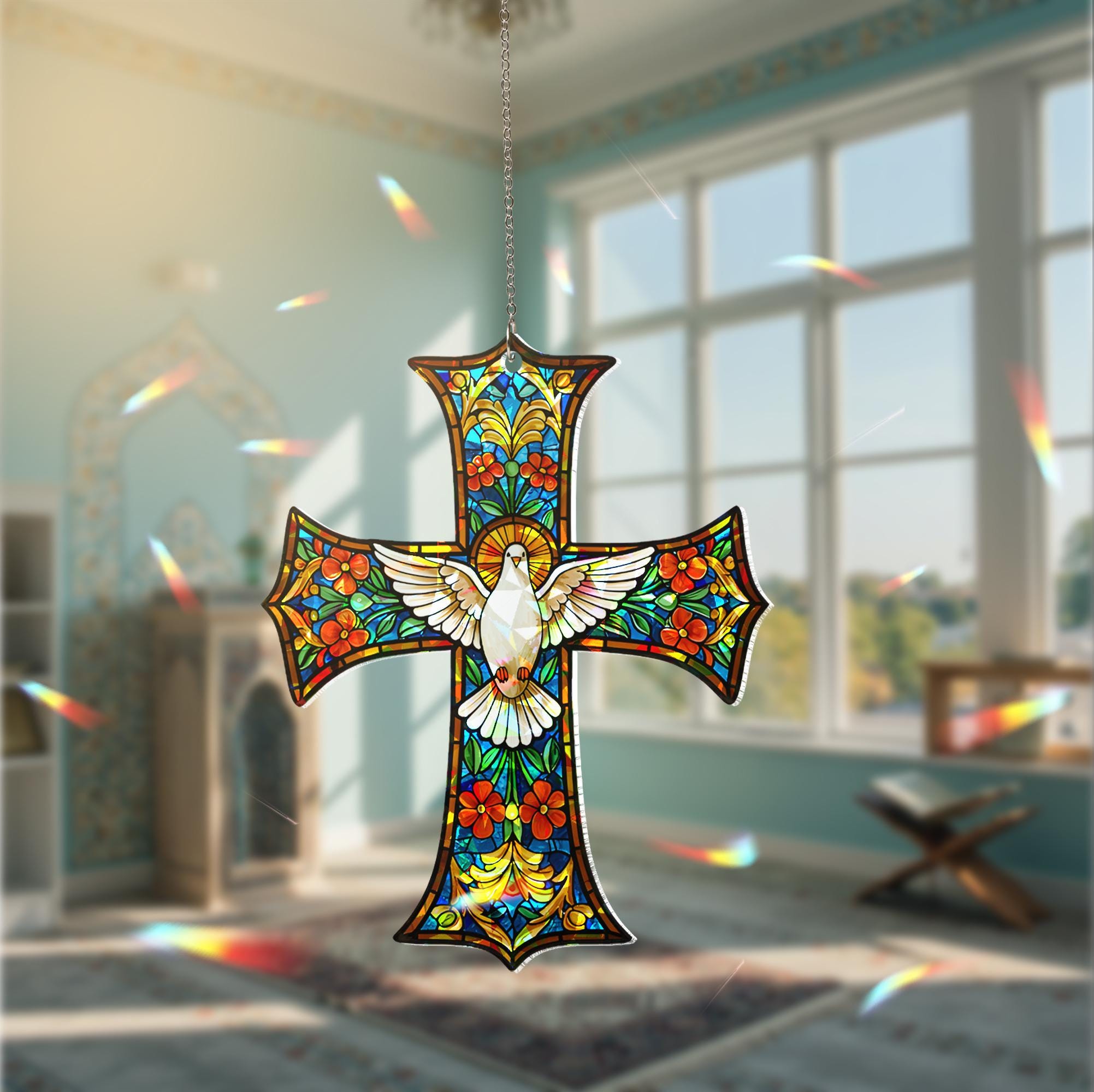 Holy Spirit Dove Holographic Acrylic Hanging Sign Christian Mom Gift, Dove Acrylic Hanging Sign, Religious Decor, Mother’s Day Gift for Her