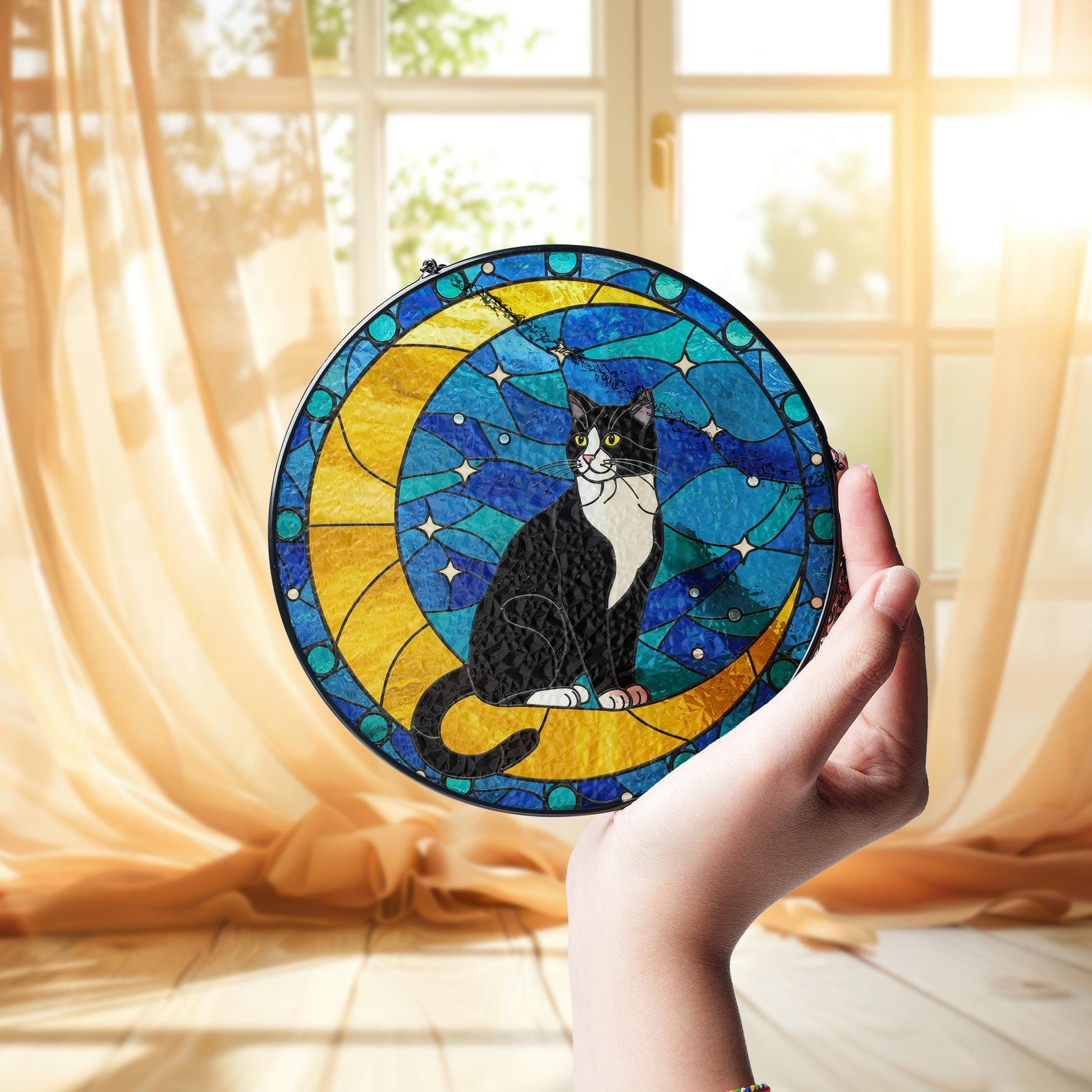 Cat On Moon Glass Suncatcher Hanging | Tuxedo Cat Ornament |  Black Cat Gift | Home Decor for Cat Lovers | Cat Mom Gift, Mother's day gift