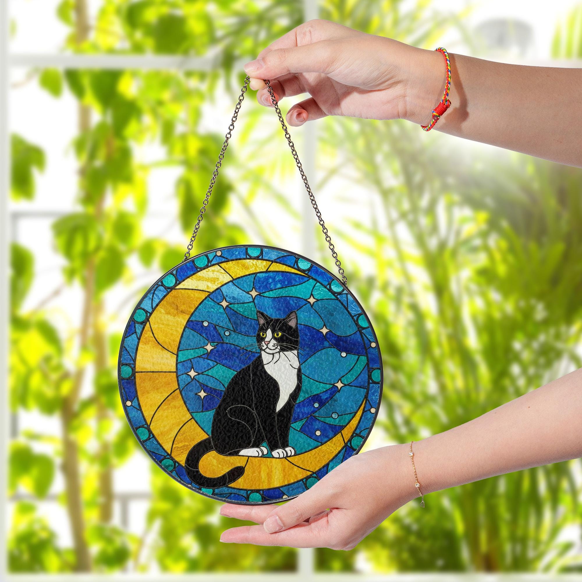 Cat On Moon Glass Suncatcher Hanging | Tuxedo Cat Ornament |  Black Cat Gift | Home Decor for Cat Lovers | Cat Mom Gift, Mother's day gift