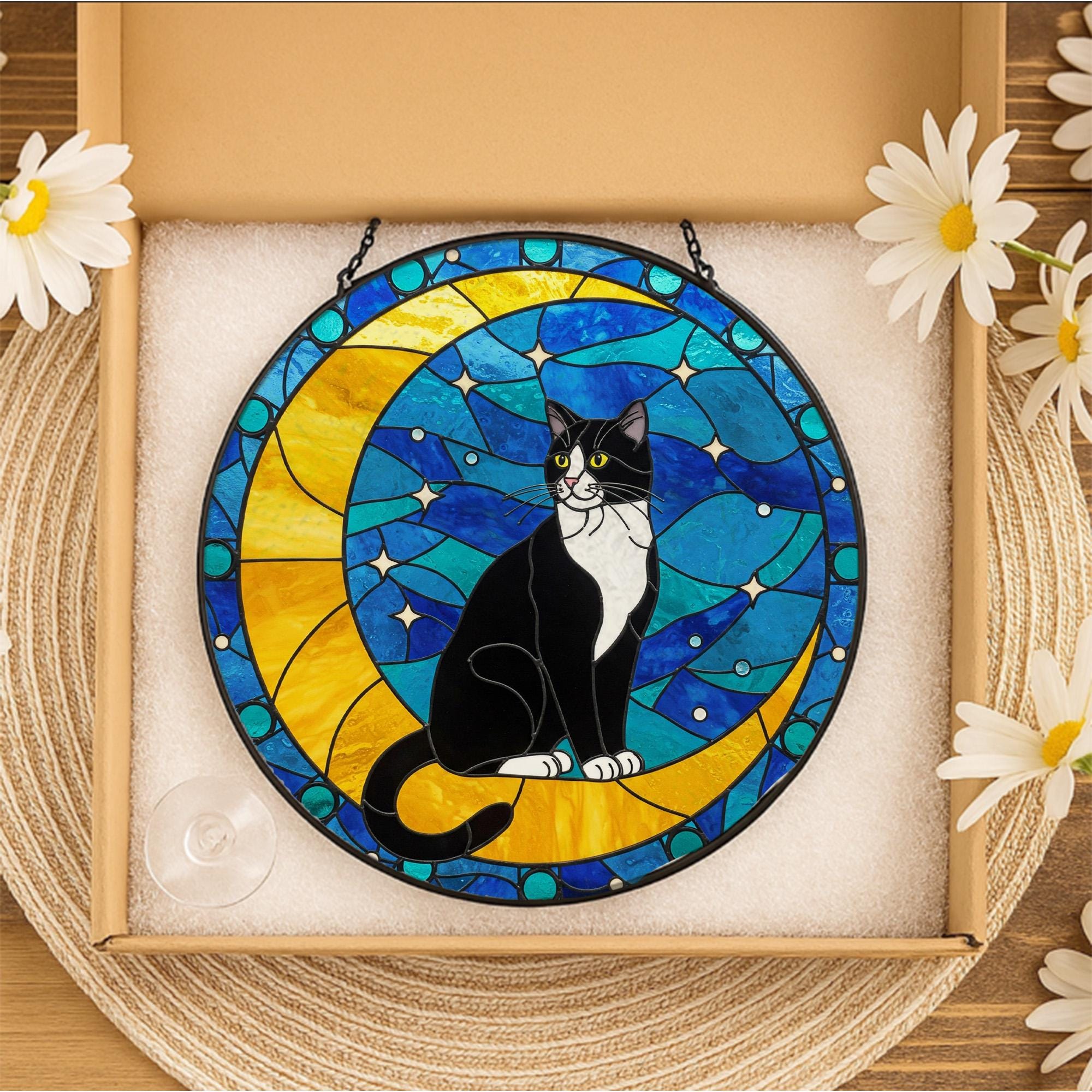 Cat On Moon Glass Suncatcher Hanging | Tuxedo Cat Ornament |  Black Cat Gift | Home Decor for Cat Lovers | Cat Mom Gift, Mother's day gift