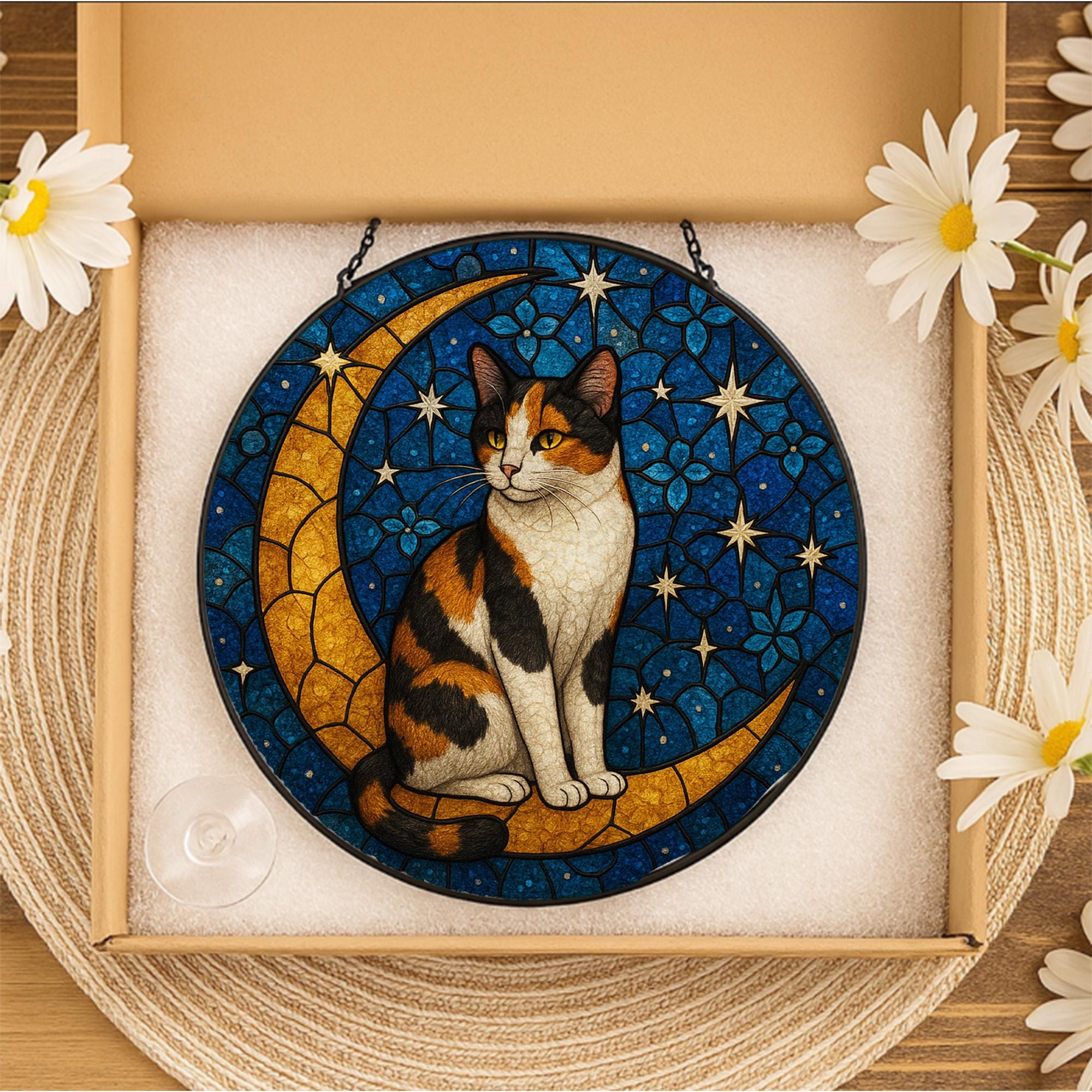 Cat On Moon Glass Suncatcher Hanging | Calico Cat Ornament |Home Decor for Cat Lovers | Cat Mom Gift, Mother's day gift