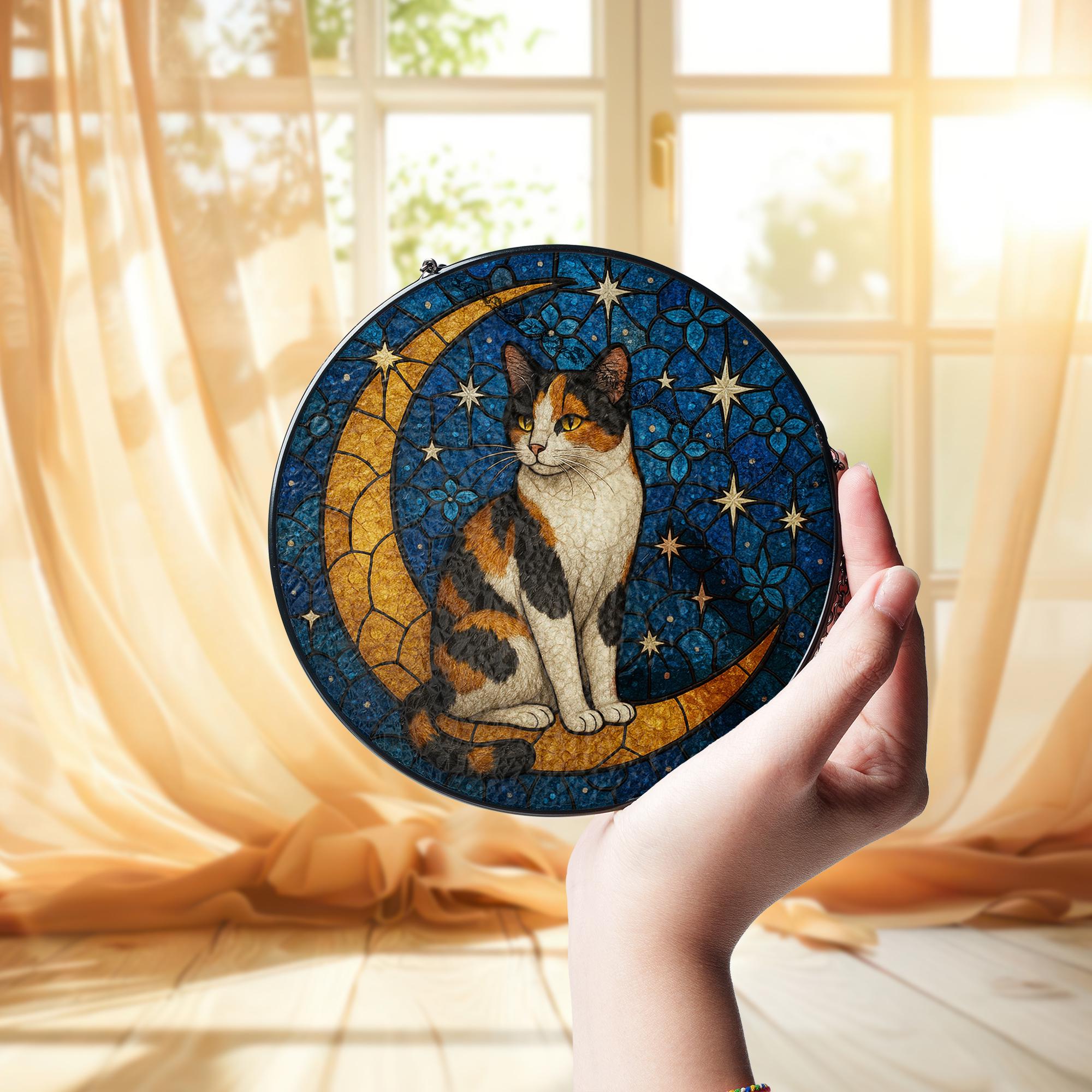 Cat On Moon Glass Suncatcher Hanging | Calico Cat Ornament |Home Decor for Cat Lovers | Cat Mom Gift, Mother's day gift
