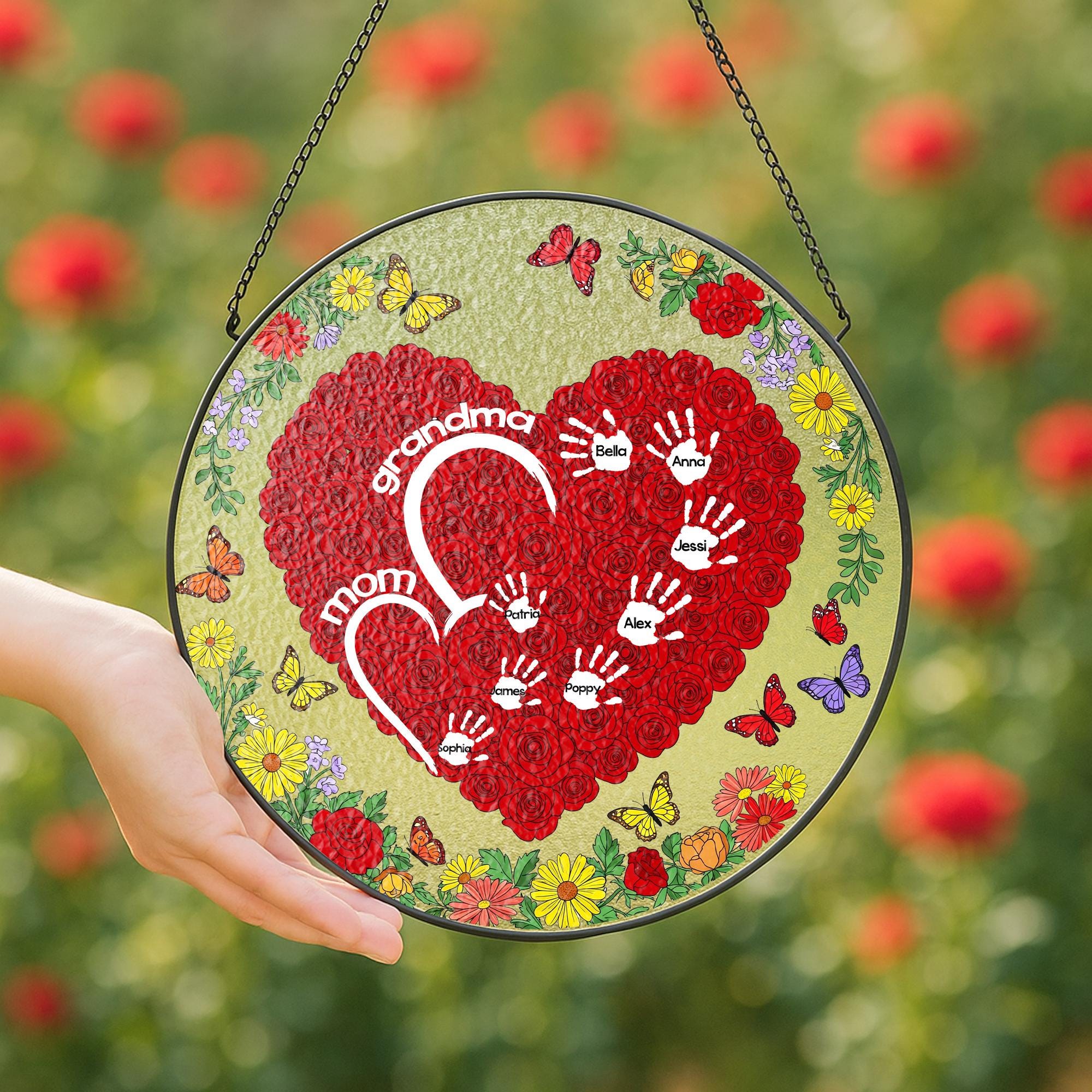 Custom Mom and Grandma Rose Heart Suncatcher – Personalized Kids Name Glass Sign – Mother’s Day Gift – Handprint Keepsake for Mom or Nana