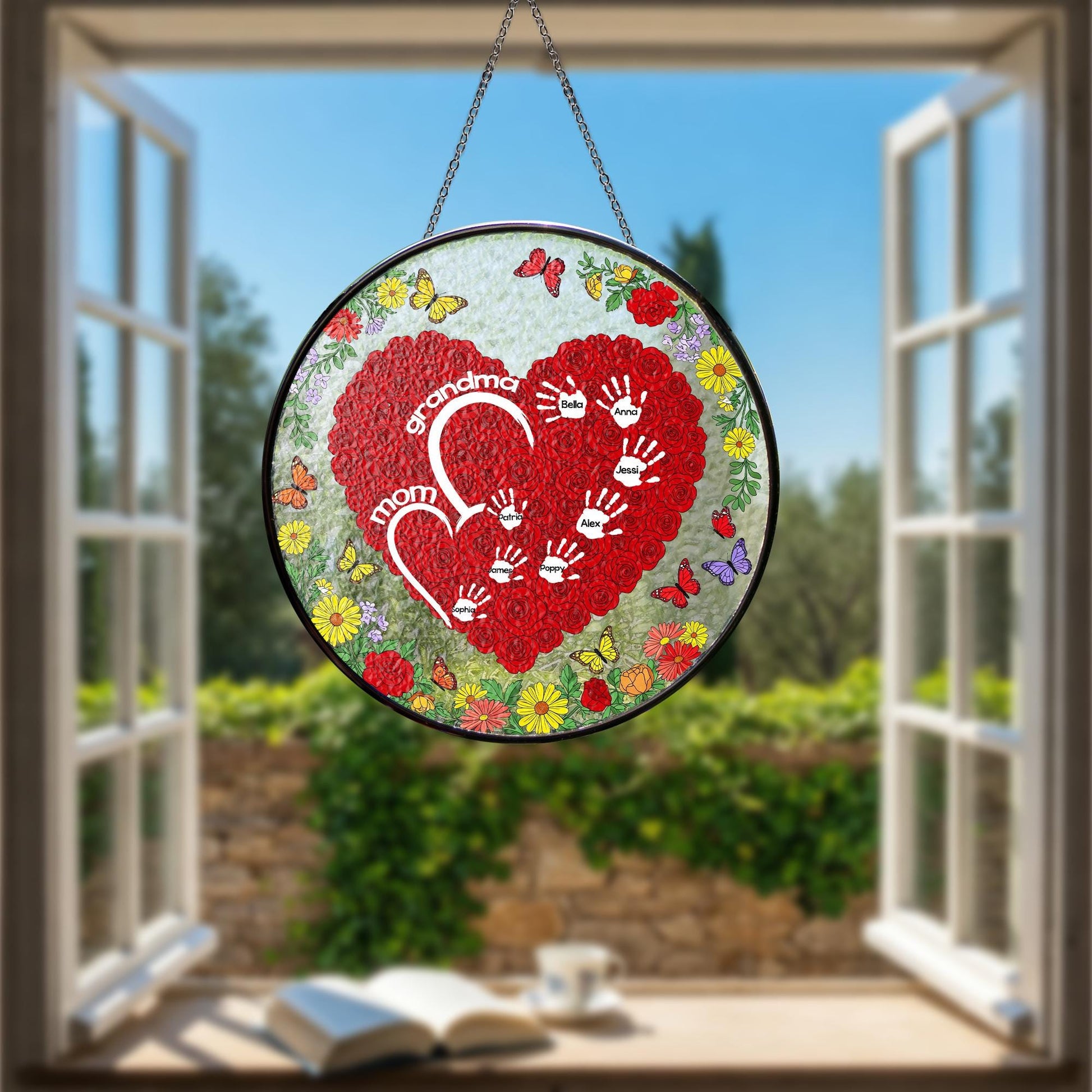 Custom Mom and Grandma Rose Heart Suncatcher – Personalized Kids Name Glass Sign – Mother’s Day Gift – Handprint Keepsake for Mom or Nana