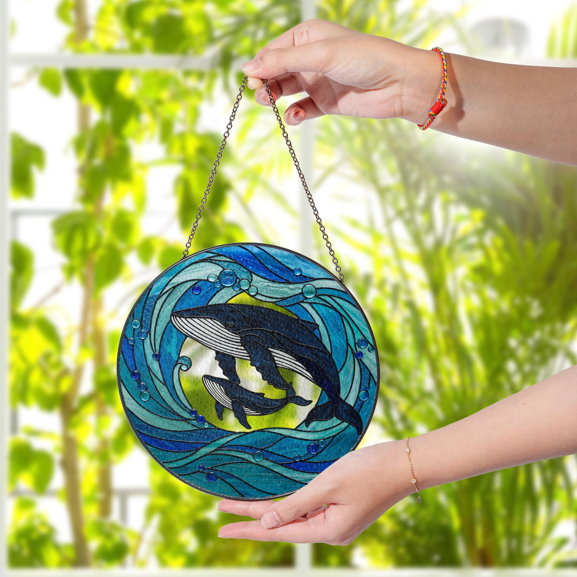 Whale Calf Glass Suncatcher Ocean Lover Gift for Mom Mother's Day Marine Sea Animal Window Art Coastal Home Decor Ornament