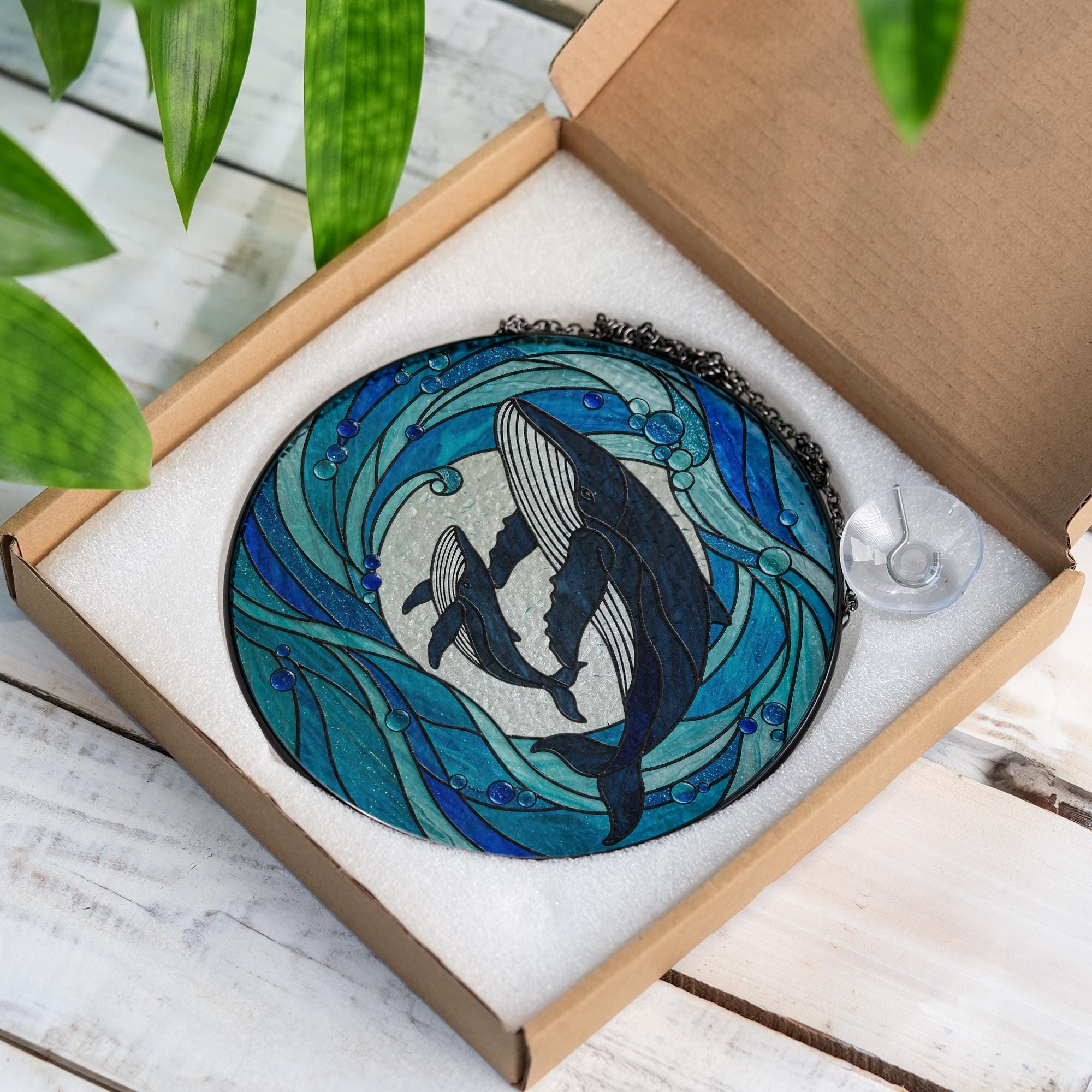 Whale Calf Glass Suncatcher Ocean Lover Gift for Mom Mother's Day Marine Sea Animal Window Art Coastal Home Decor Ornament