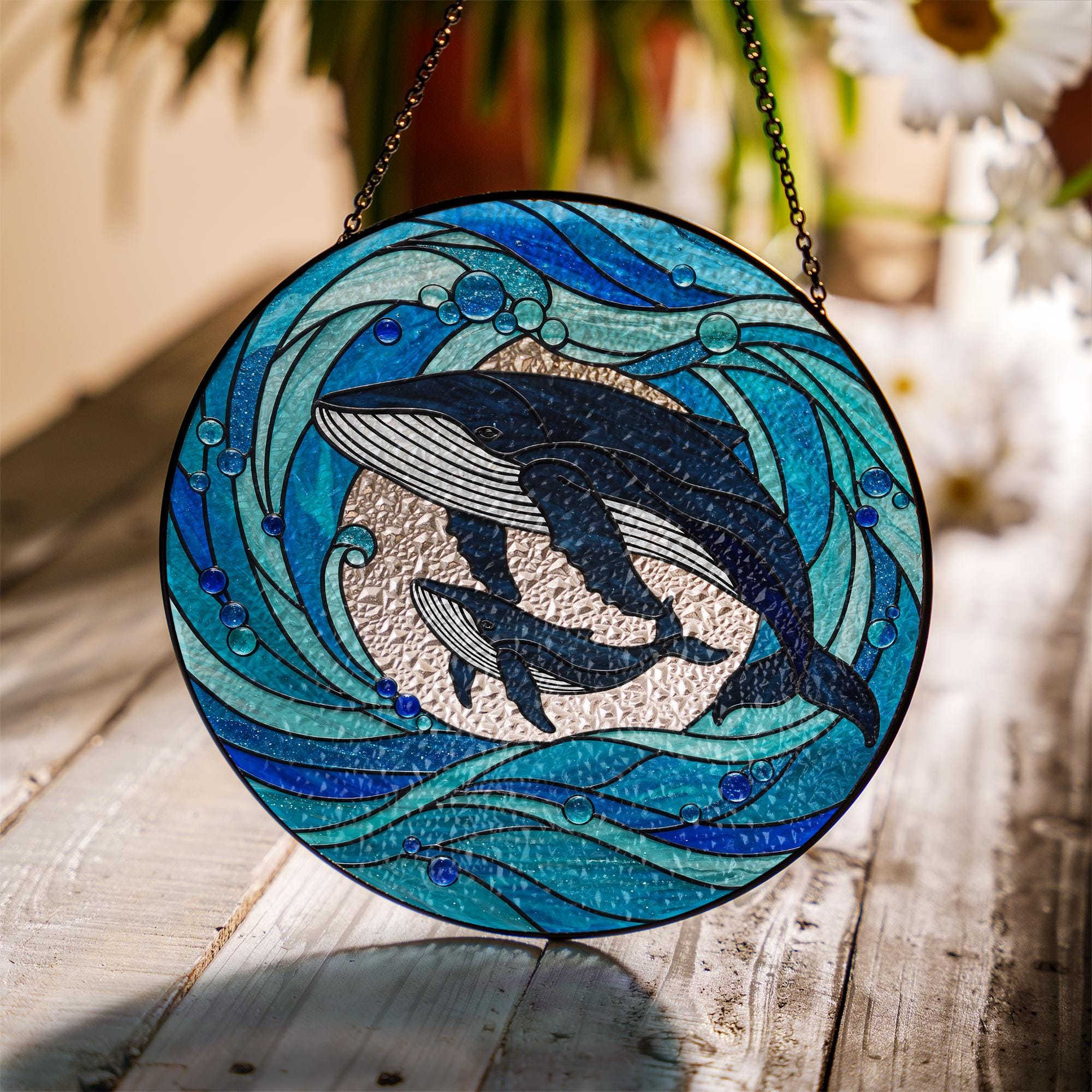 Whale Calf Glass Suncatcher Ocean Lover Gift for Mom Mother's Day Marine Sea Animal Window Art Coastal Home Decor Ornament