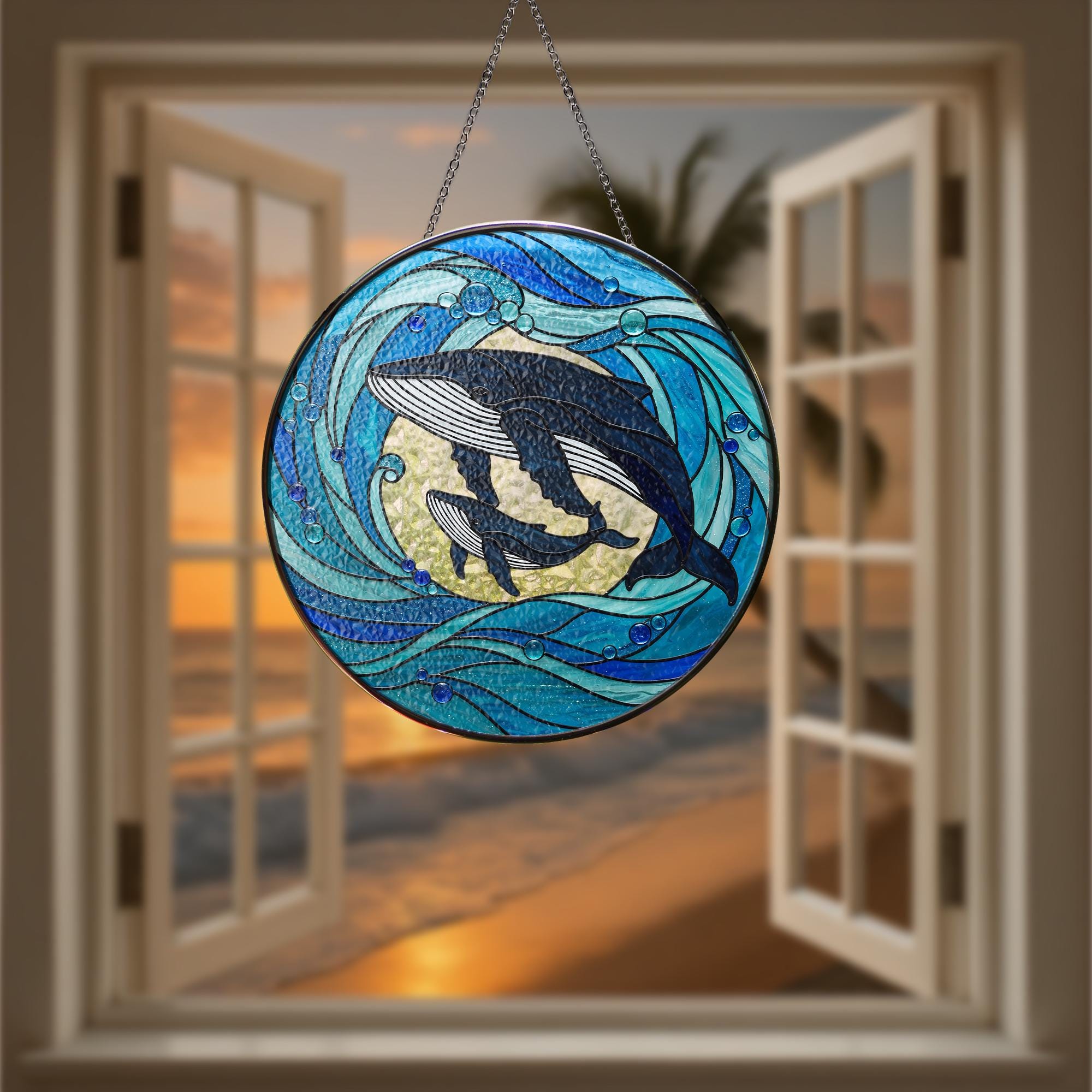 Whale Calf Glass Suncatcher Ocean Lover Gift for Mom Mother's Day Marine Sea Animal Window Art Coastal Home Decor Ornament