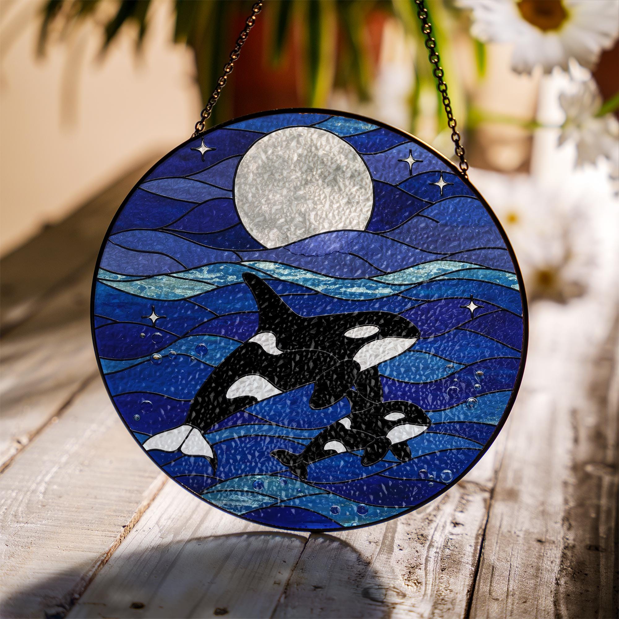Orca Glass Suncatcher Ocean Lover Gift for Mom Mother's Day Marine Sea Animal Window Art Coastal Home Decor Ornament