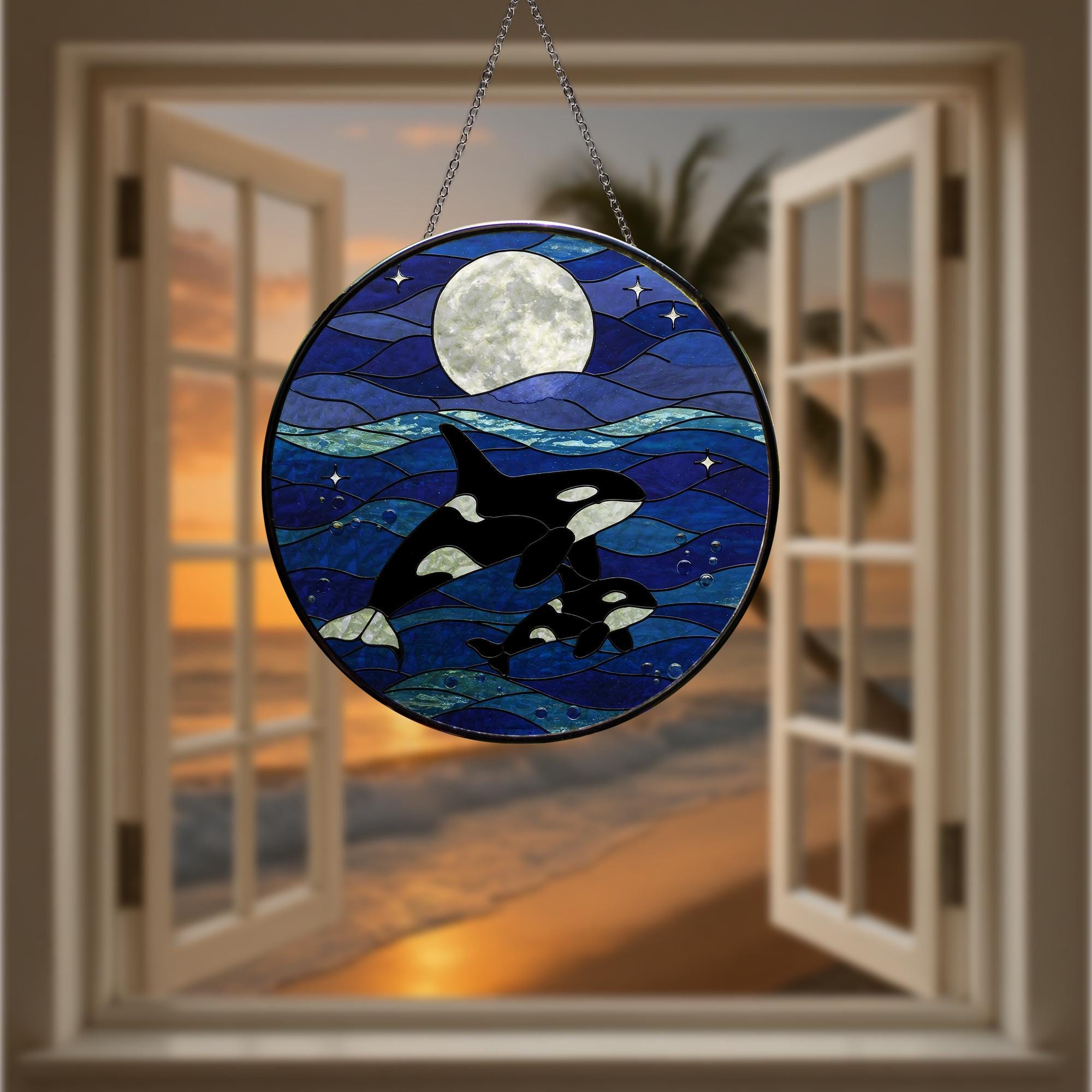 Orca Glass Suncatcher Ocean Lover Gift for Mom Mother's Day Marine Sea Animal Window Art Coastal Home Decor Ornament
