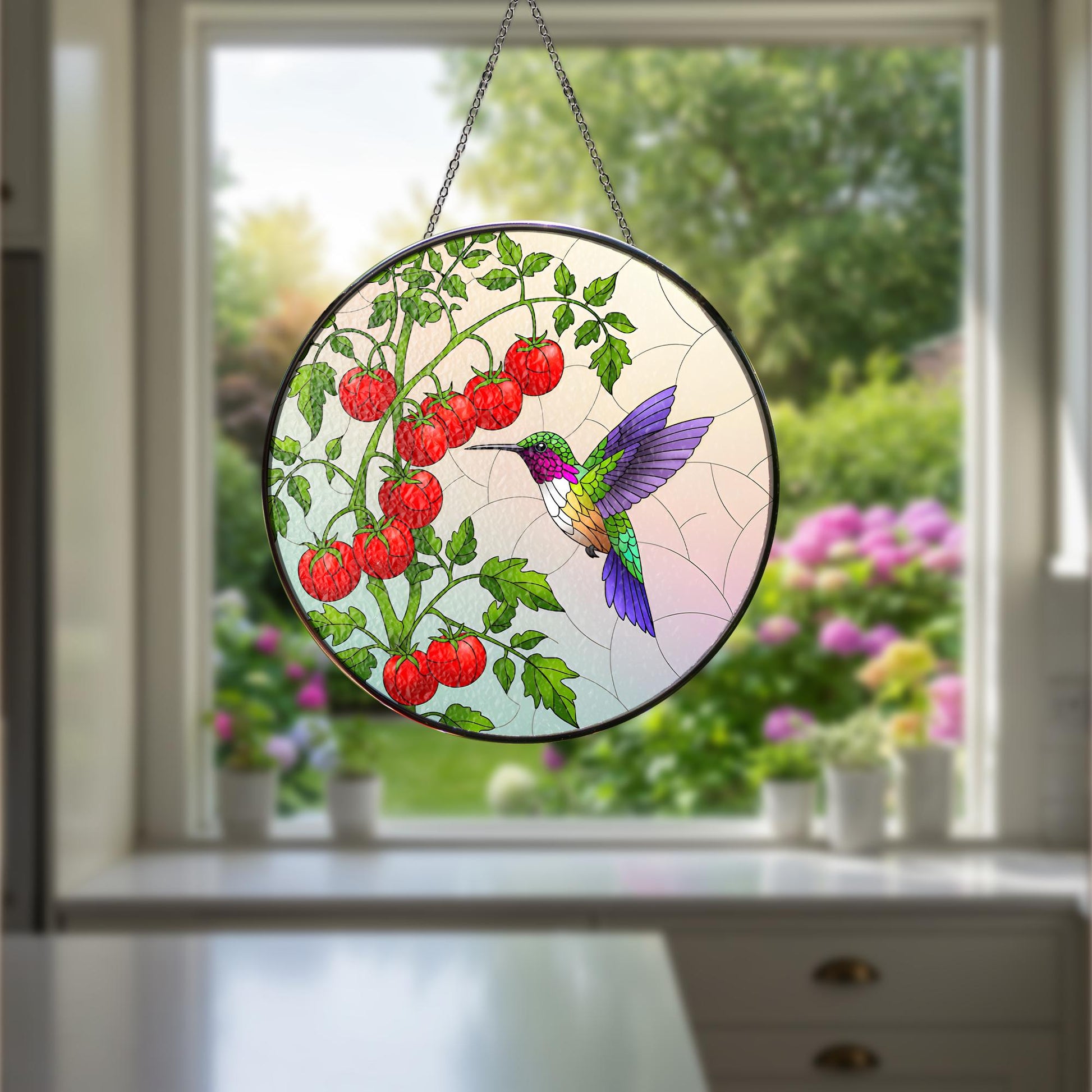 Hummingbird Glass Suncatcher, Tomato Tree Branch Decor, Garden Gift for Mom, Mother's Day Sun Catcher, Handcrafted Window Art