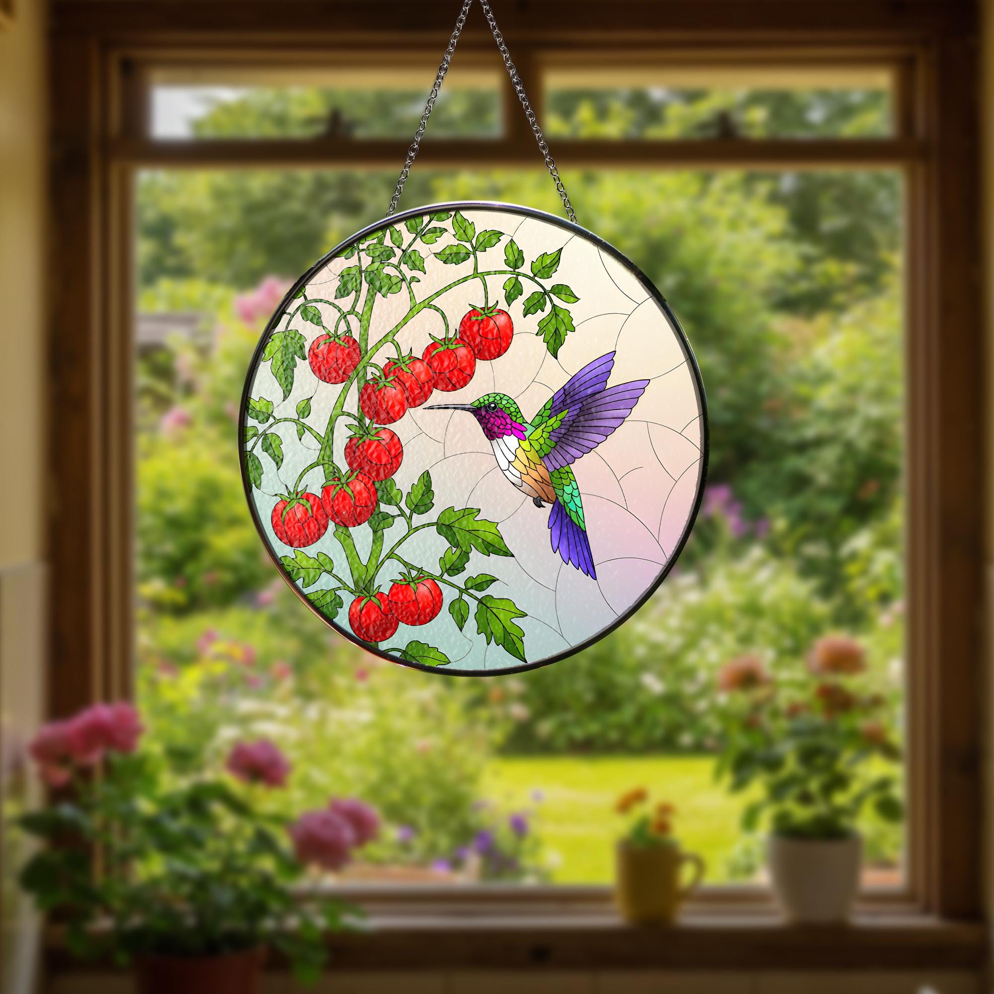 Hummingbird Glass Suncatcher, Tomato Tree Branch Decor, Garden Gift for Mom, Mother's Day Sun Catcher, Handcrafted Window Art