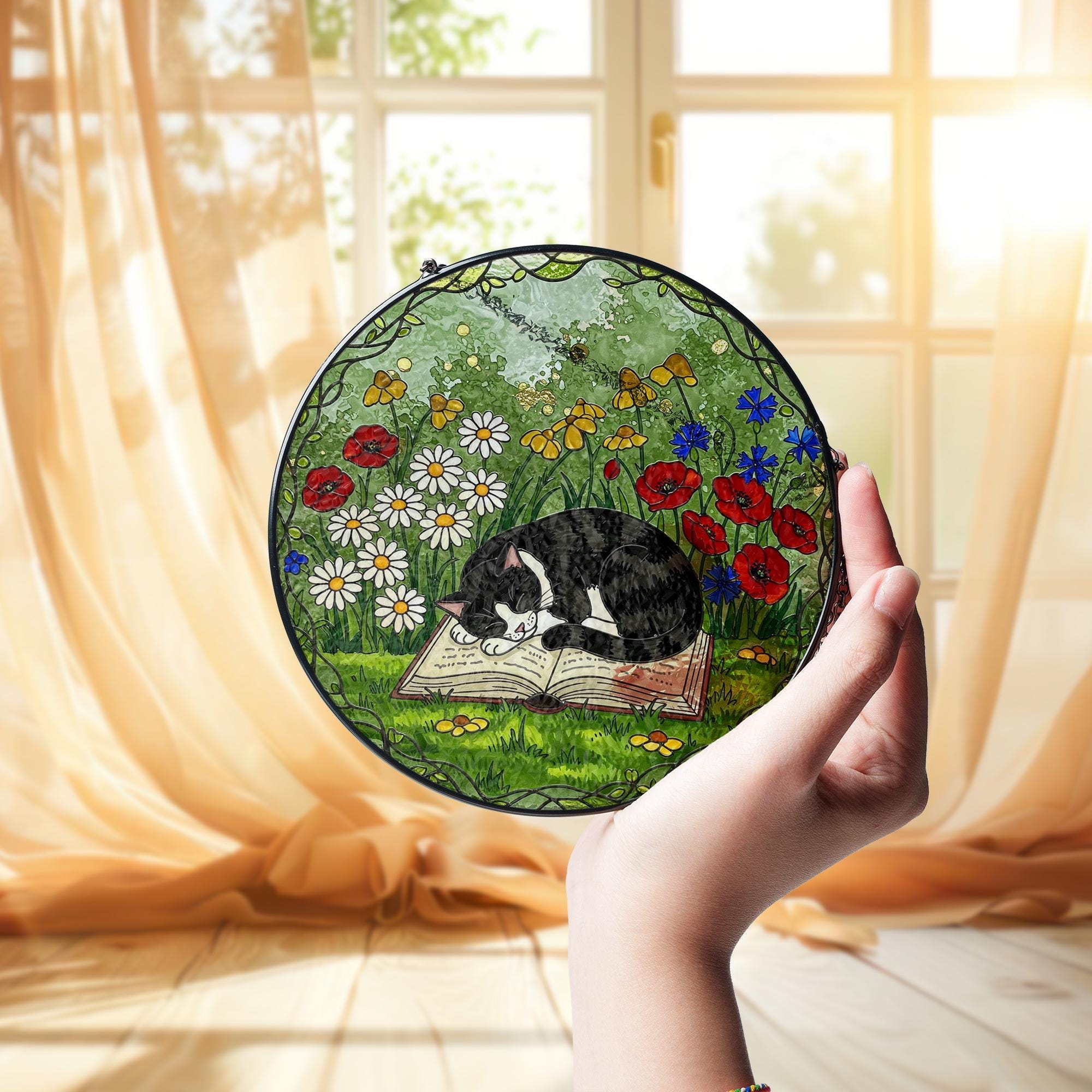 Cat and Book Glass Suncatcher Gift for Cat Mom and Book Lover | Tuxedo Cat Garden Window Art Mother's Day Gift for Readers