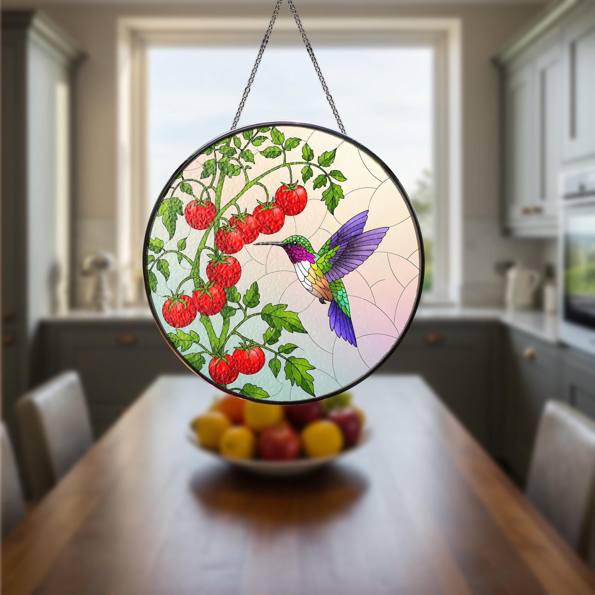 Hummingbird Glass Suncatcher, Tomato Tree Branch Decor, Garden Gift for Mom, Mother's Day Sun Catcher, Handcrafted Window Art