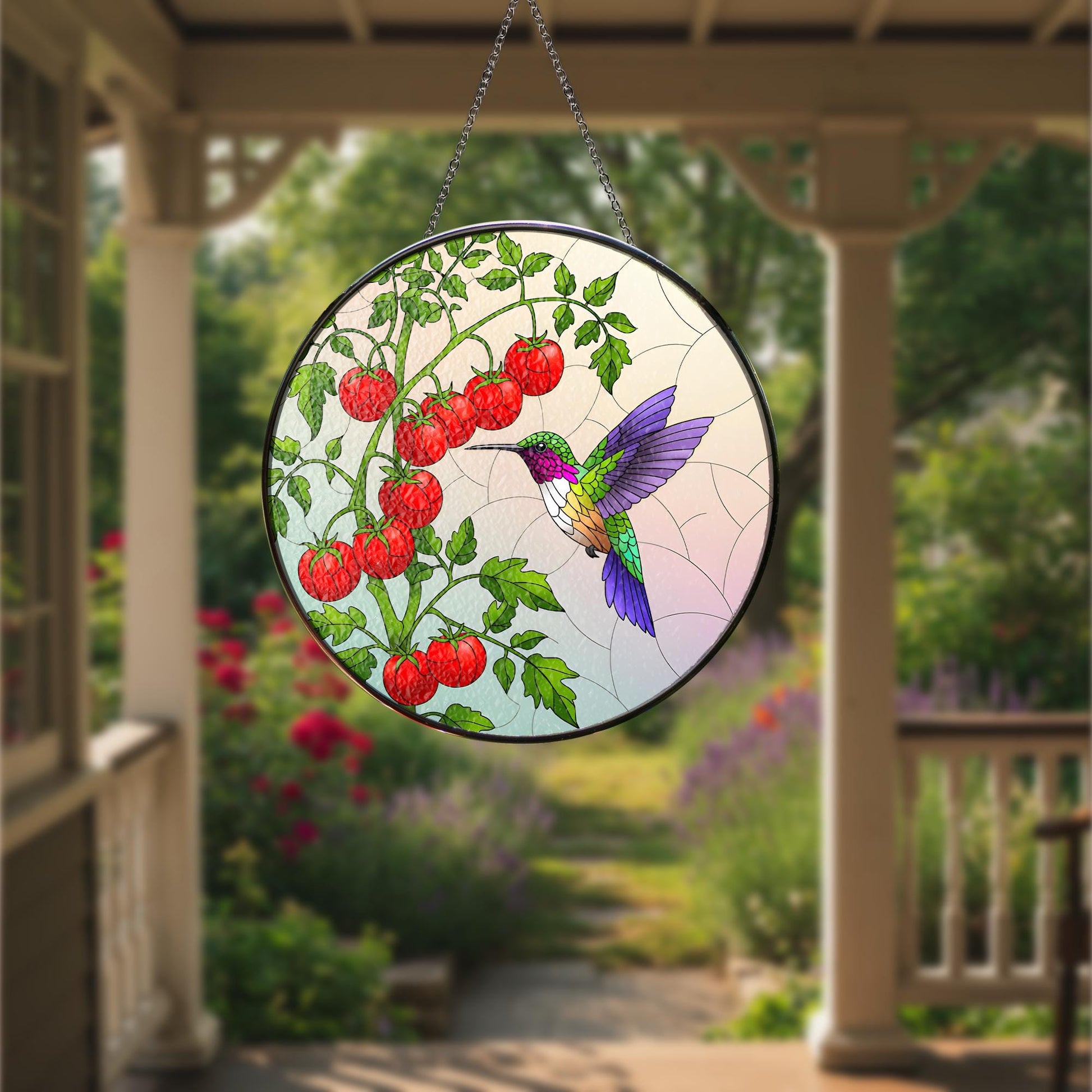 Hummingbird Glass Suncatcher, Tomato Tree Branch Decor, Garden Gift for Mom, Mother's Day Sun Catcher, Handcrafted Window Art