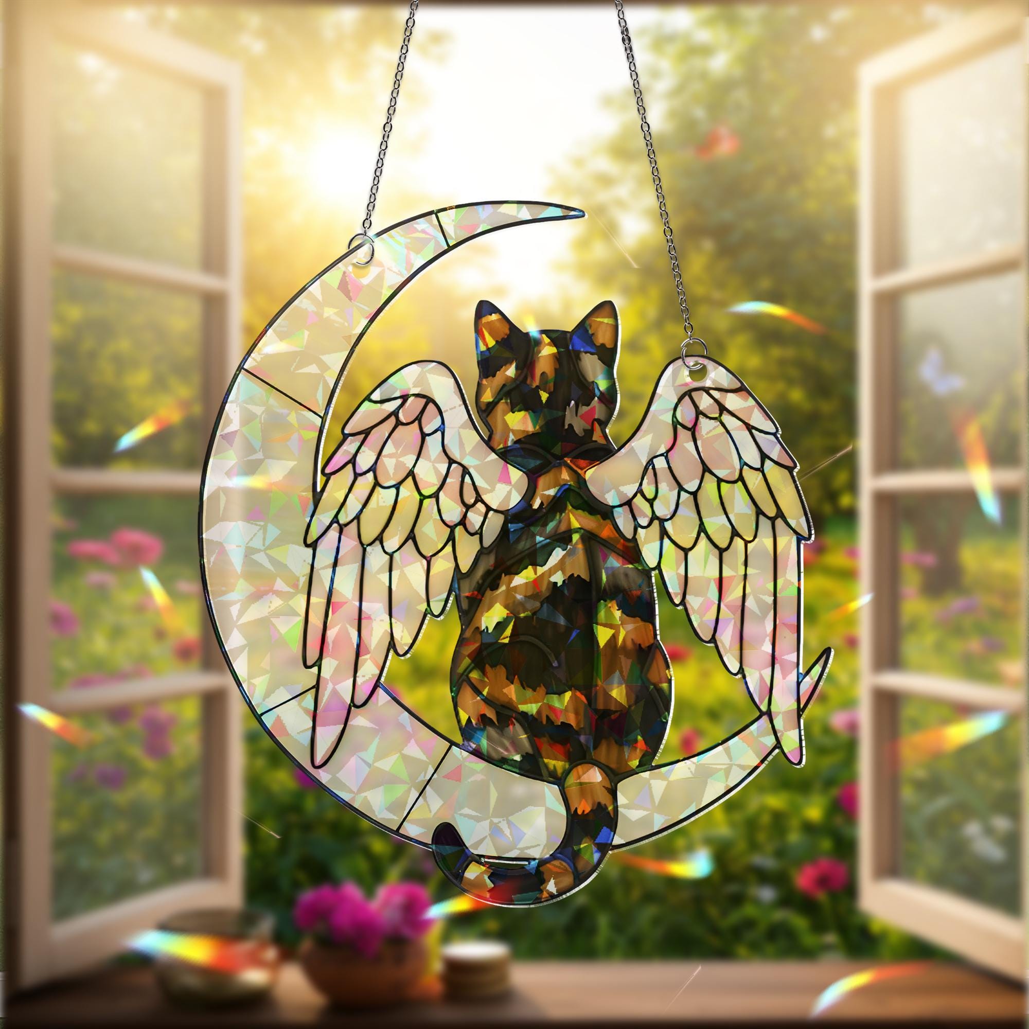 Angel Tortoiseshell Cat on Crescent Moon, Acrylic Hologram Window Hanging,  Cat Memorial, Cat Mom Gift, Pet Loss Decor, Unique Window Art