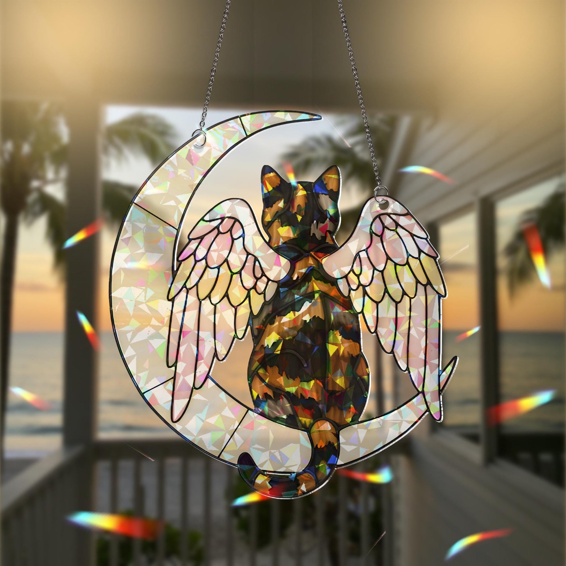 Angel Tortoiseshell Cat on Crescent Moon, Acrylic Hologram Window Hanging,  Cat Memorial, Cat Mom Gift, Pet Loss Decor, Unique Window Art