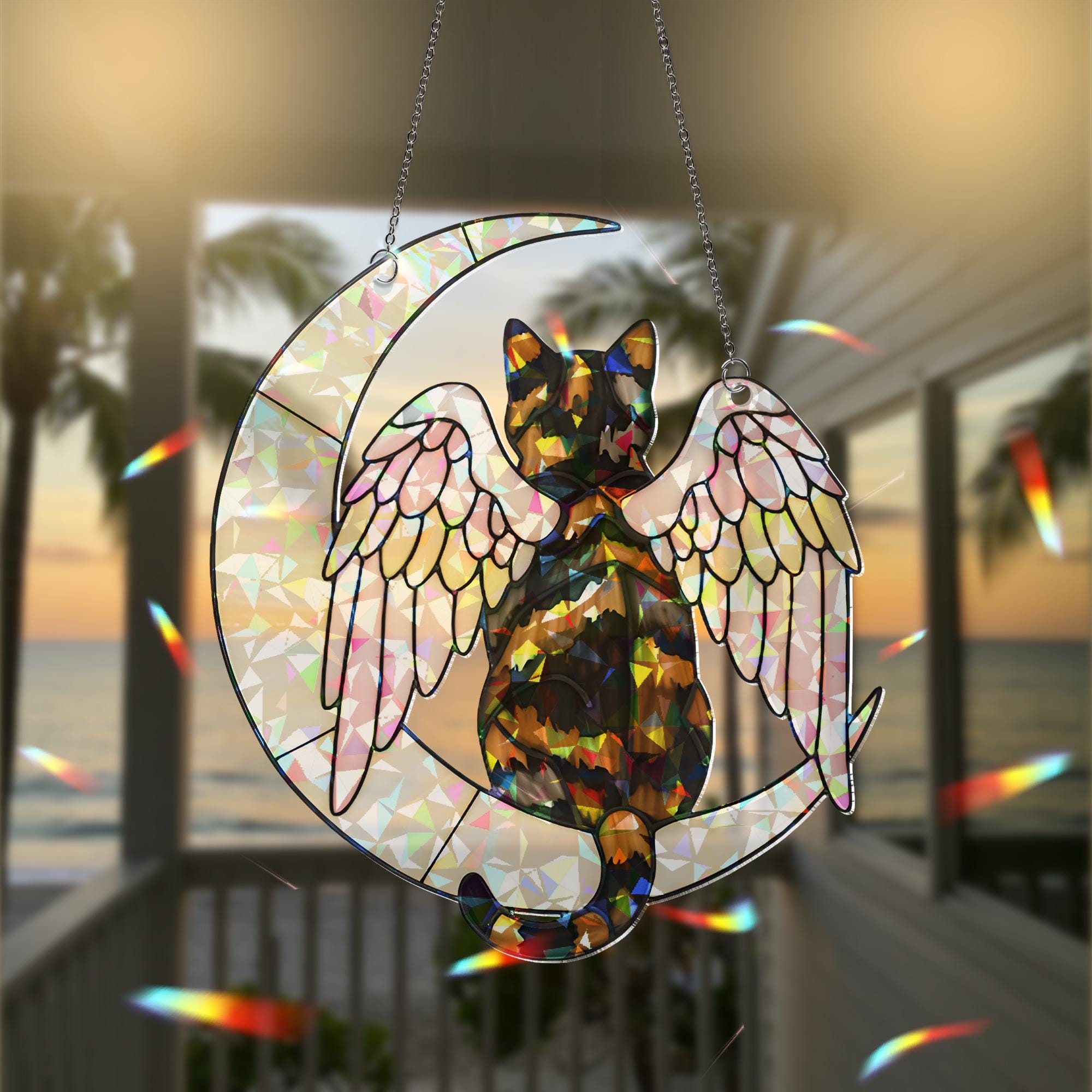 Angel Tortoiseshell Cat on Crescent Moon, Acrylic Hologram Window Hanging,  Cat Memorial, Cat Mom Gift, Pet Loss Decor, Unique Window Art