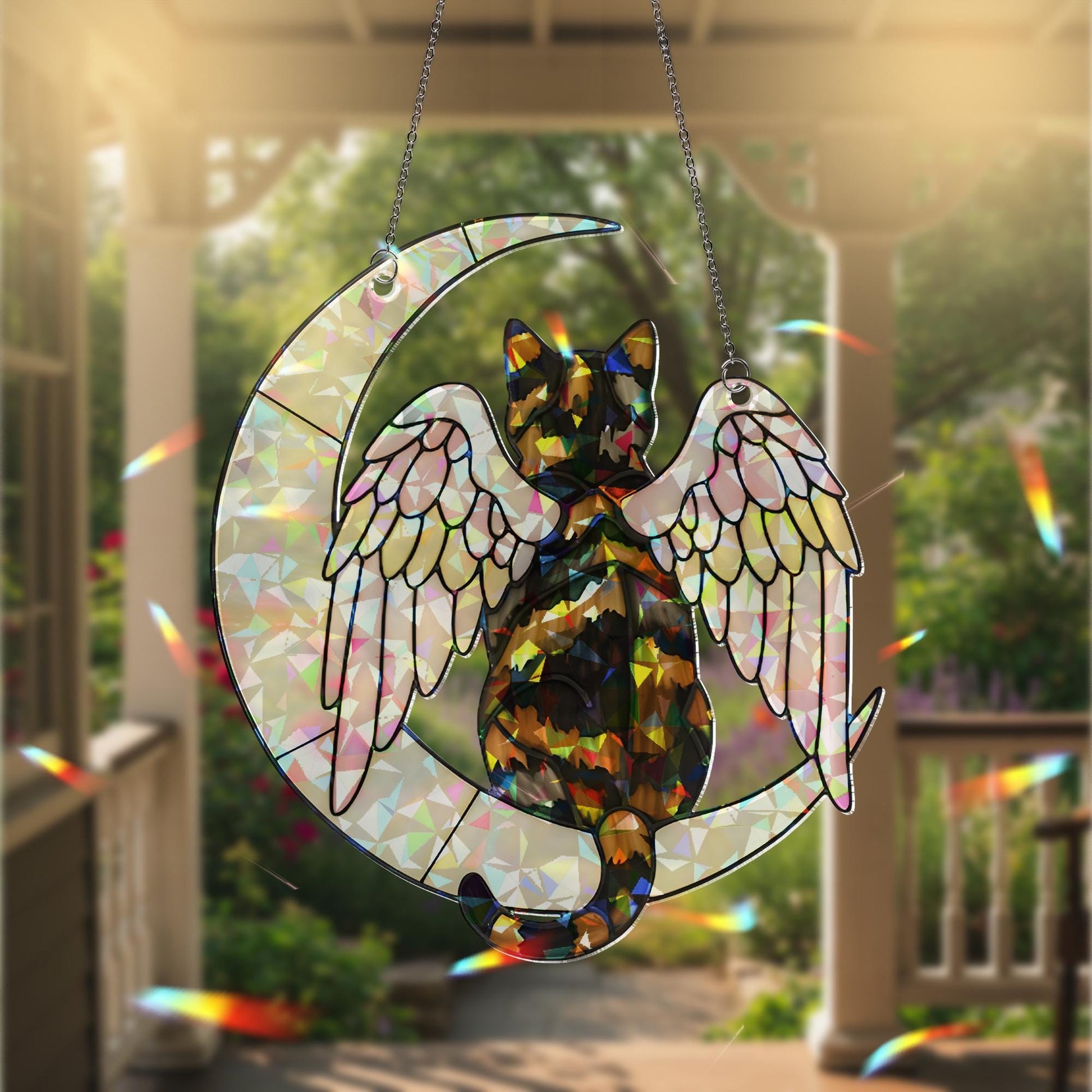 Angel Tortoiseshell Cat on Crescent Moon, Acrylic Hologram Window Hanging,  Cat Memorial, Cat Mom Gift, Pet Loss Decor, Unique Window Art