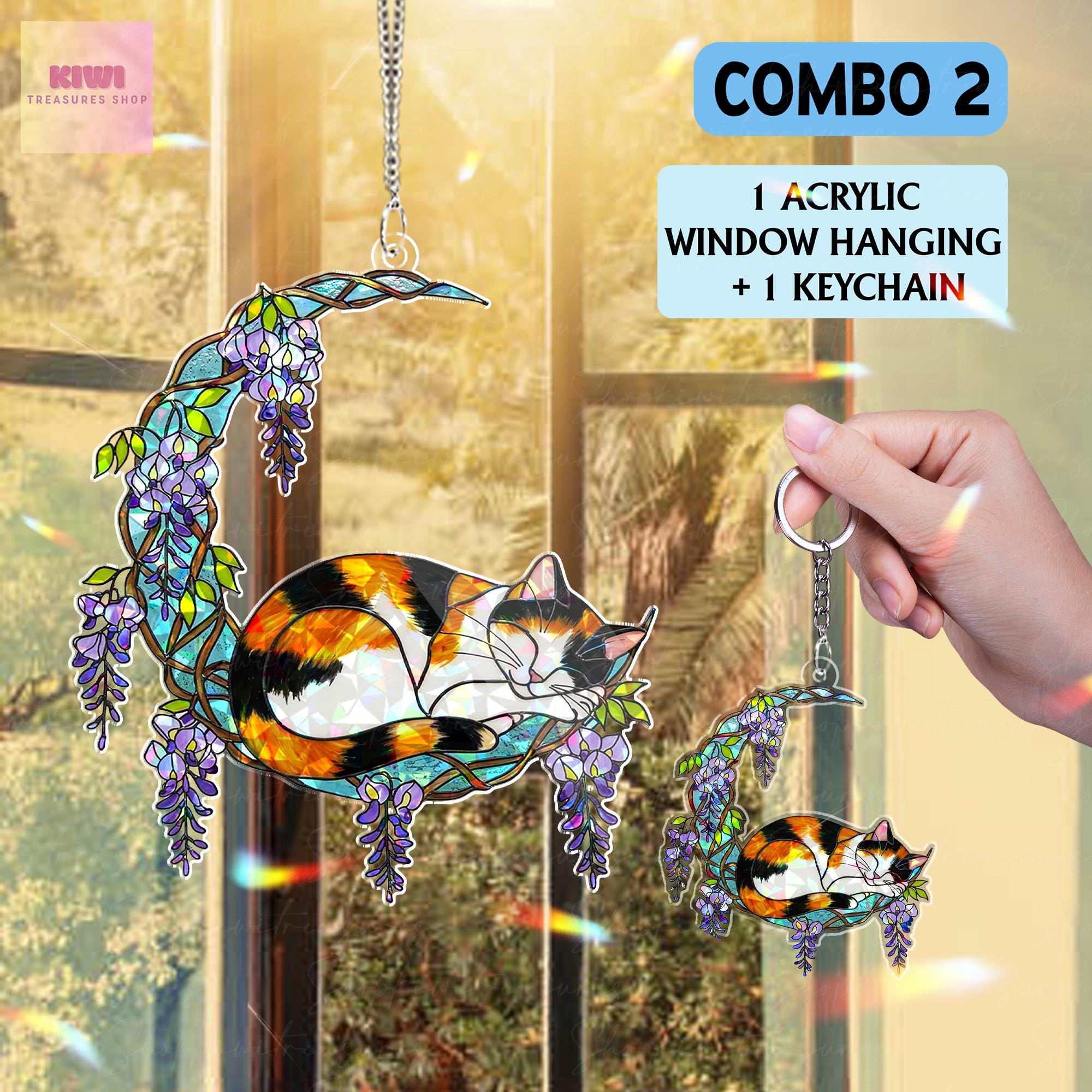 Calico Cat Wisteria Moon Holographic Suncatcher Gift for Mom, Cat Lover Mother's Day Window Decor, Floral Rainbow Light Catcher