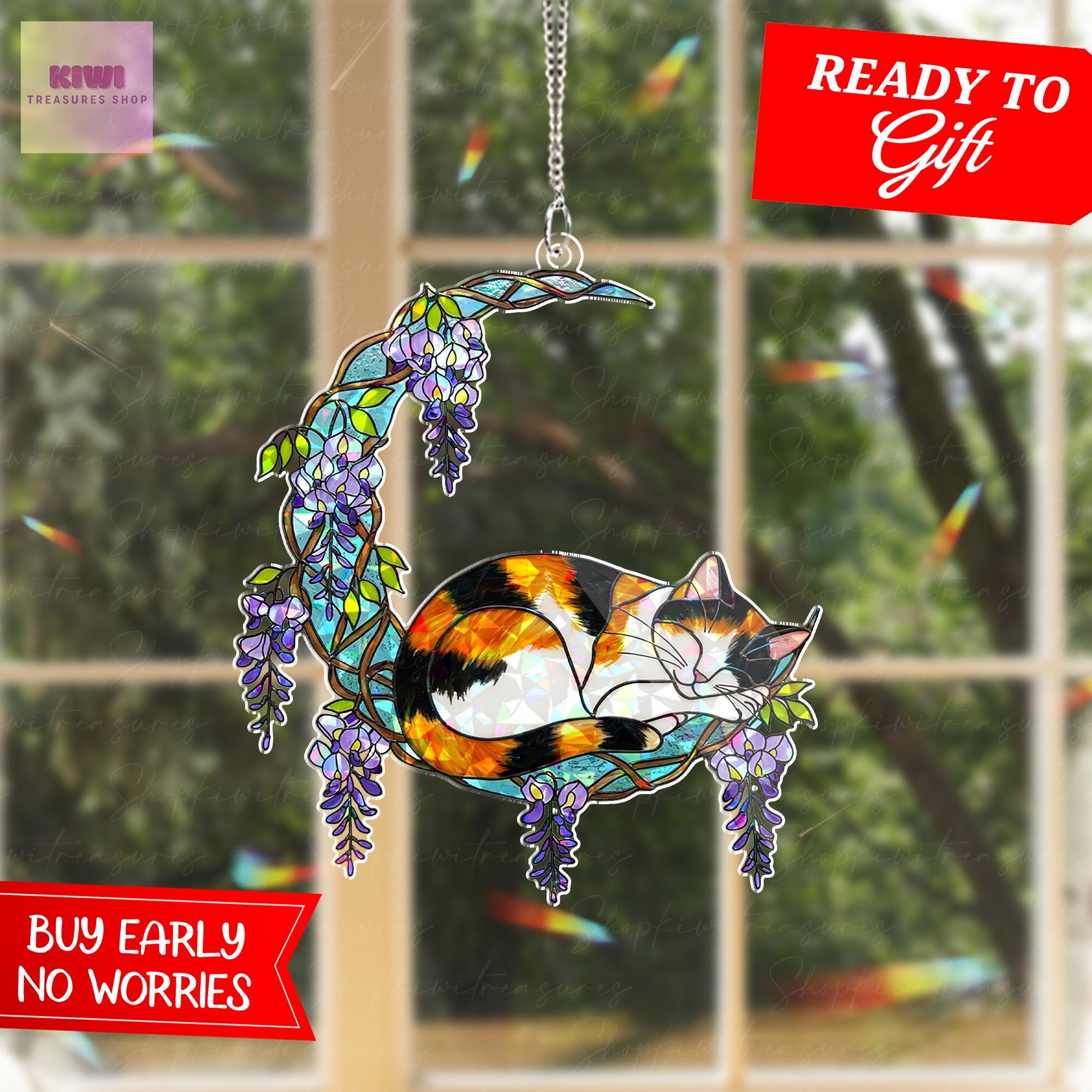 Calico Cat Wisteria Moon Holographic Suncatcher Gift for Mom, Cat Lover Mother's Day Window Decor, Floral Rainbow Light Catcher