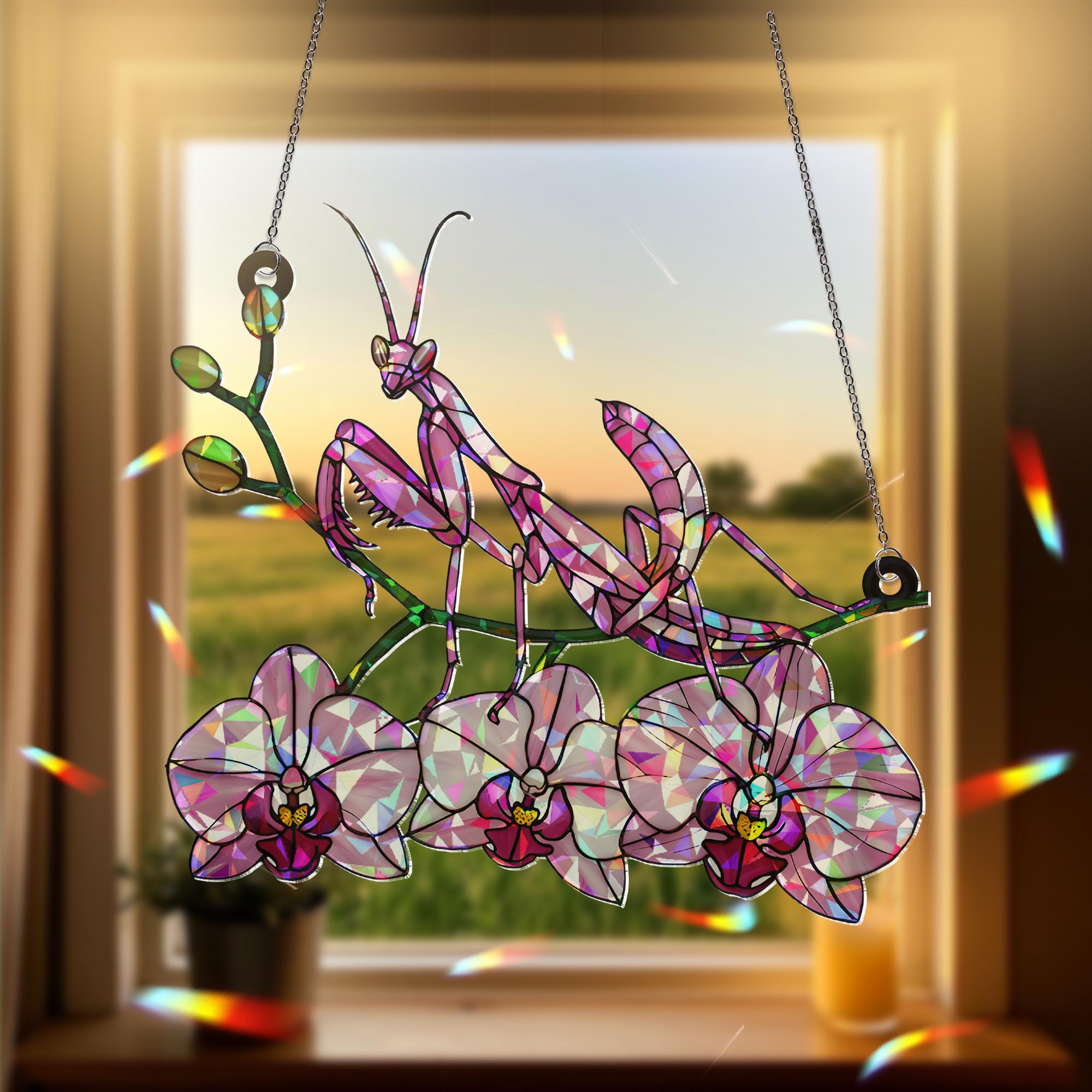 Pink Mantis With Orchid Flower, Acrylic Hologram Window Hanging, Unique Insect Art, Flower Decor, Nature Window Art, Mantis Lover Decor Gift
