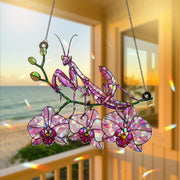 Pink Mantis With Orchid Flower, Acrylic Hologram Window Hanging, Unique Insect Art, Flower Decor, Nature Window Art, Mantis Lover Decor Gift