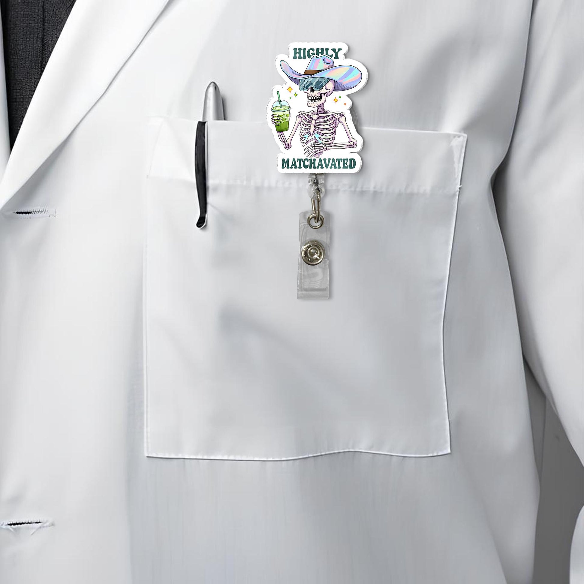 Highly Matchavated Badge Reel, Funny Skeleton ID Holder, Matcha Nurse Badge, Holographic Hat Clip, Cute Office Gift, Funny Matcha Lover Gift