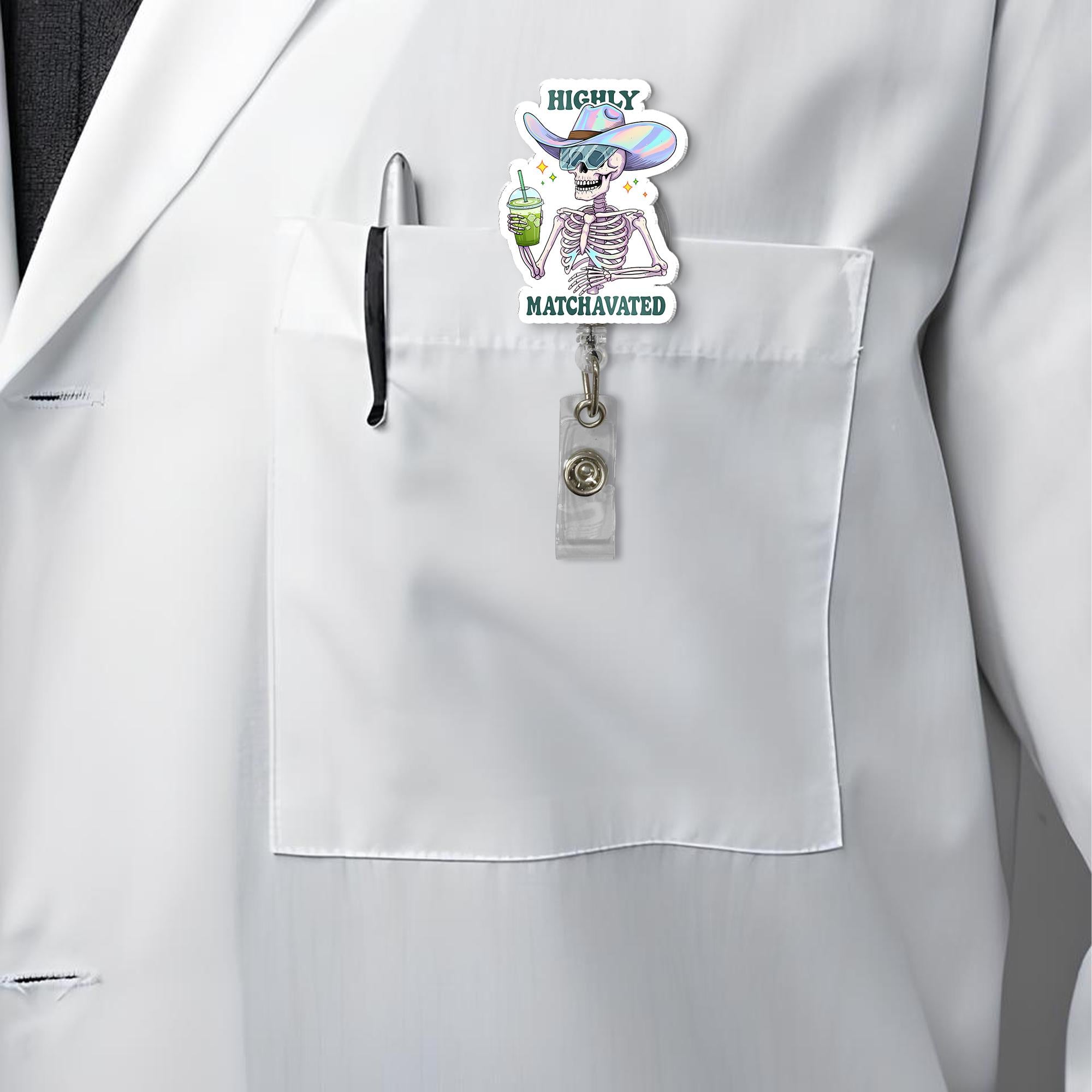 Highly Matchavated Badge Reel, Funny Skeleton ID Holder, Matcha Nurse Badge, Holographic Hat Clip, Cute Office Gift, Funny Matcha Lover Gift