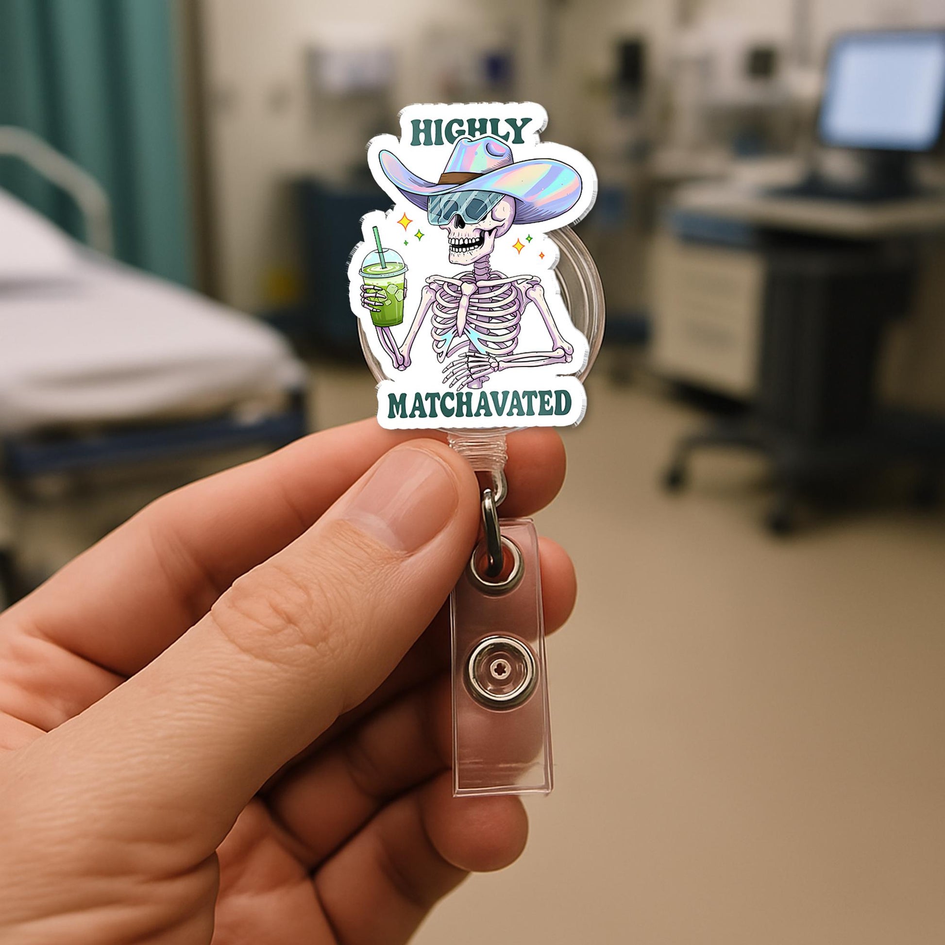 Highly Matchavated Badge Reel, Funny Skeleton ID Holder, Matcha Nurse Badge, Holographic Hat Clip, Cute Office Gift, Funny Matcha Lover Gift
