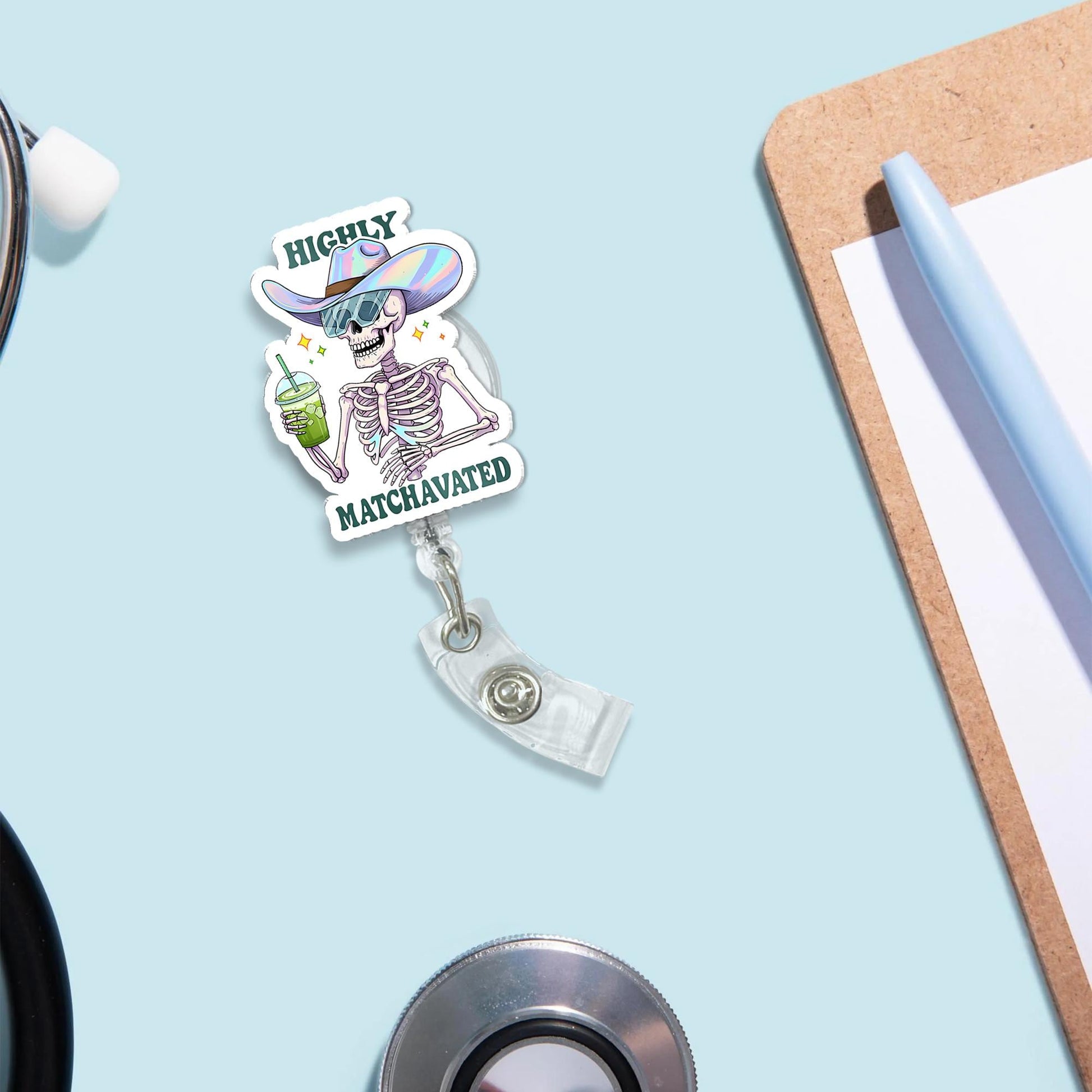 Highly Matchavated Badge Reel, Funny Skeleton ID Holder, Matcha Nurse Badge, Holographic Hat Clip, Cute Office Gift, Funny Matcha Lover Gift