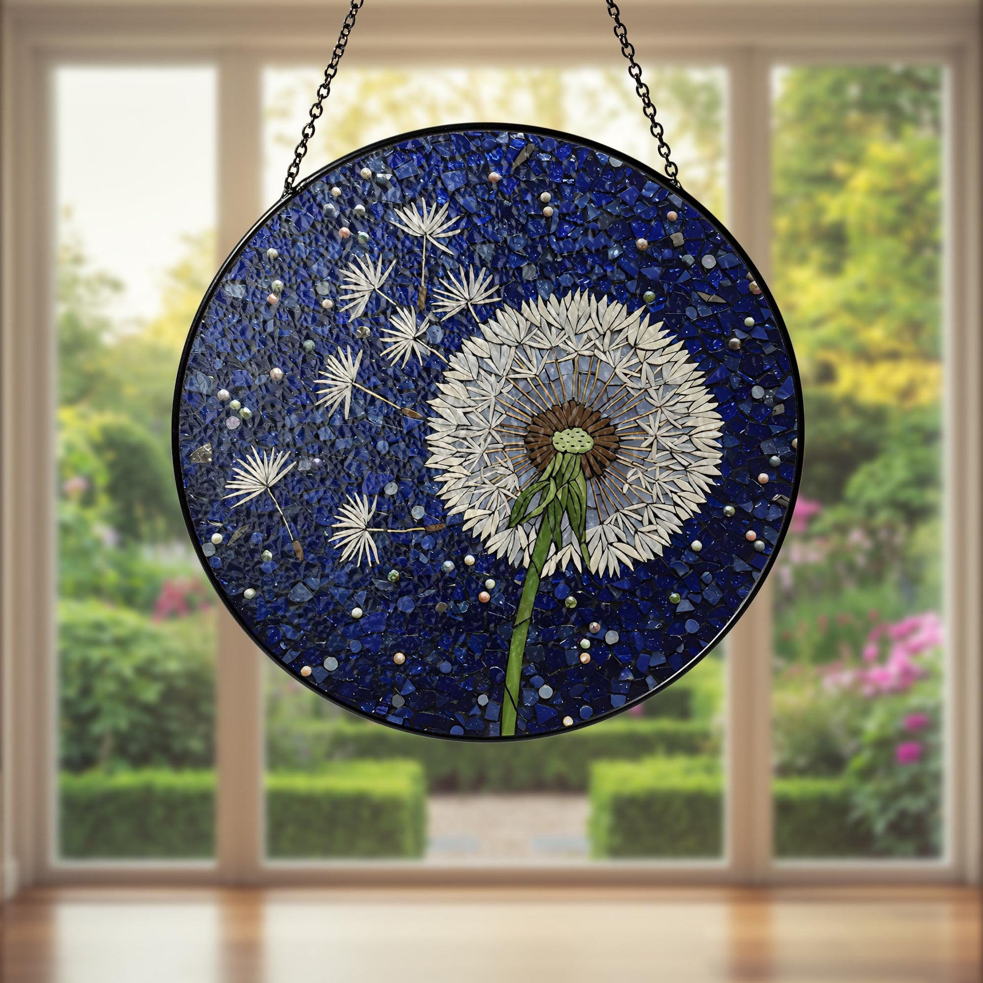 Dandelion Glass Suncatcher, Blue Mosaic Window Hanging, Nature Art Panel, Gift for Mom, Wish Flower Decor, Garden Lover Gift, Mom Gift