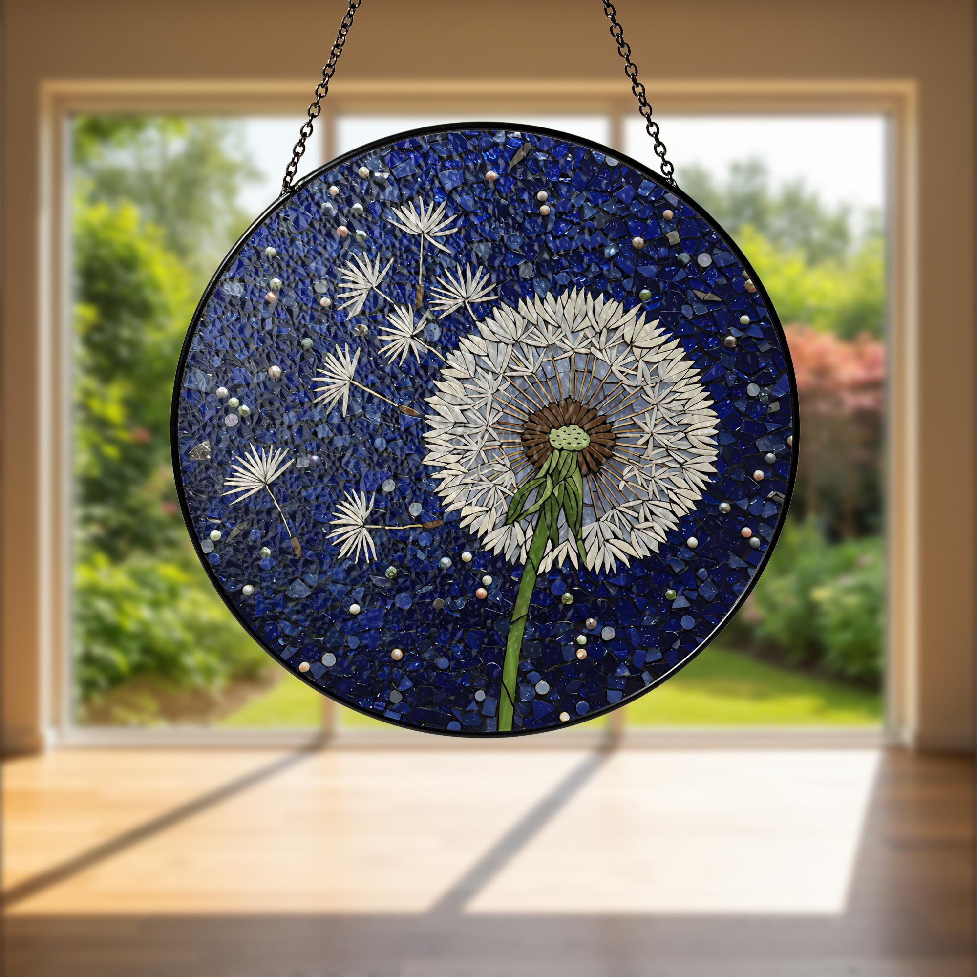 Dandelion Glass Suncatcher, Blue Mosaic Window Hanging, Nature Art Panel, Gift for Mom, Wish Flower Decor, Garden Lover Gift, Mom Gift