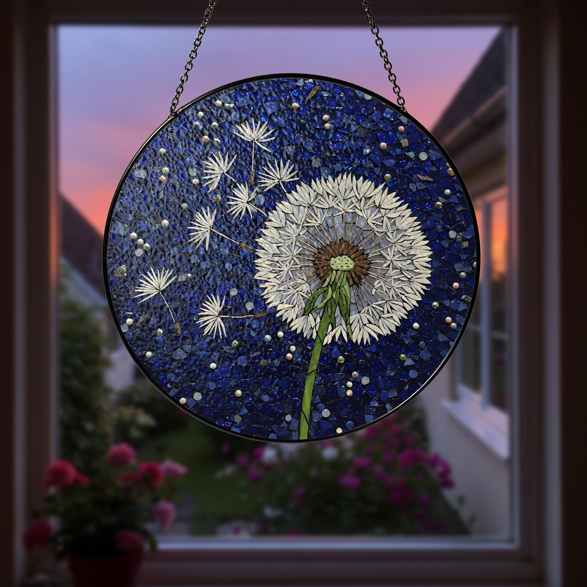 Dandelion Glass Suncatcher, Blue Mosaic Window Hanging, Nature Art Panel, Gift for Mom, Wish Flower Decor, Garden Lover Gift, Mom Gift