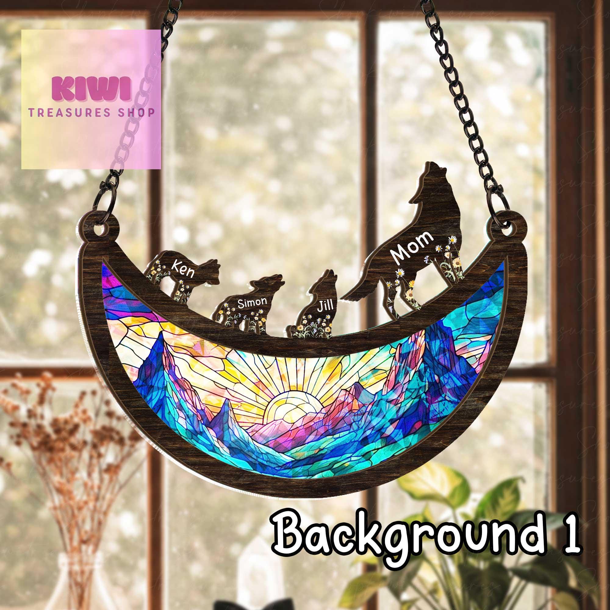 Wolf Mom and Pups Hanging Sign – Floral Wooden Acrylic Wolf Family Gift – Holographic Mountain Decor – Mother’s Day Gift for Mom