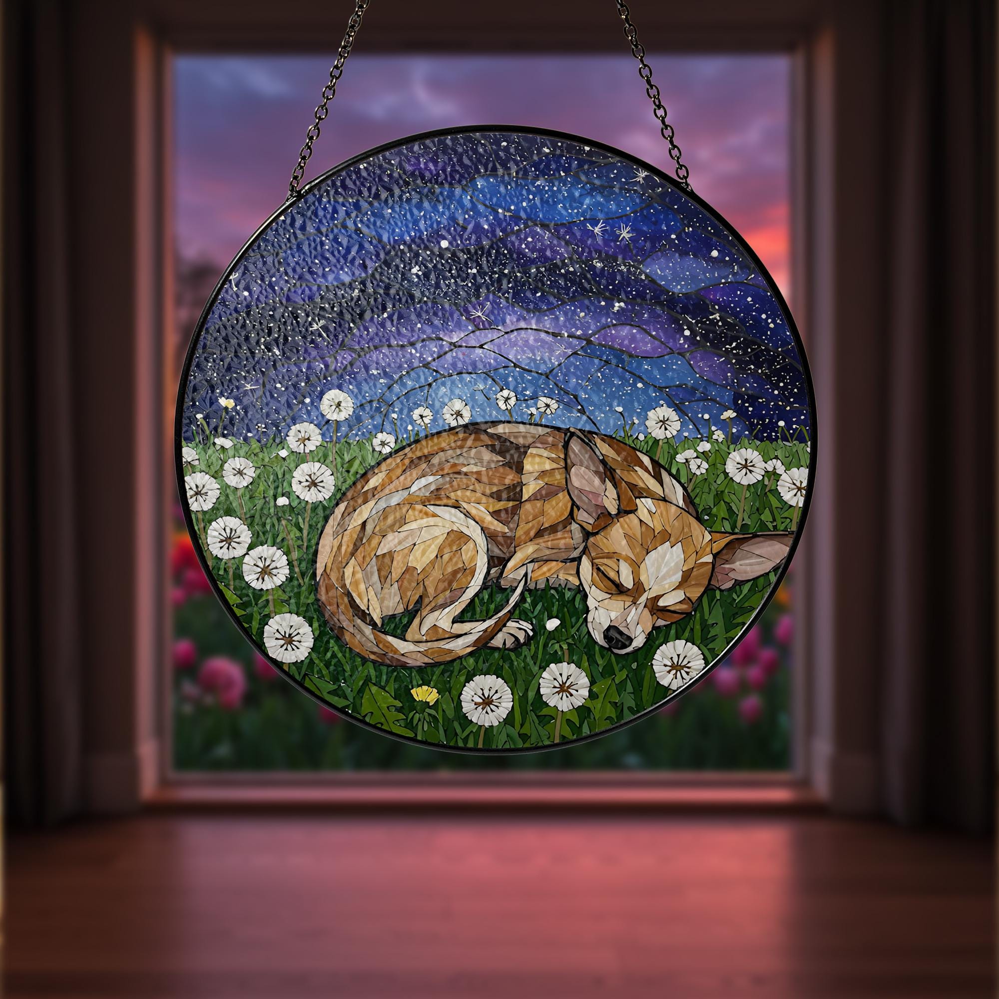 Chihuahua Glass Suncatcher, Sleeping Dog Window Art, Dandelion Flower Panel, Pet Memorial Gift, Small Dog Decor, Chihuahua Lover Gift