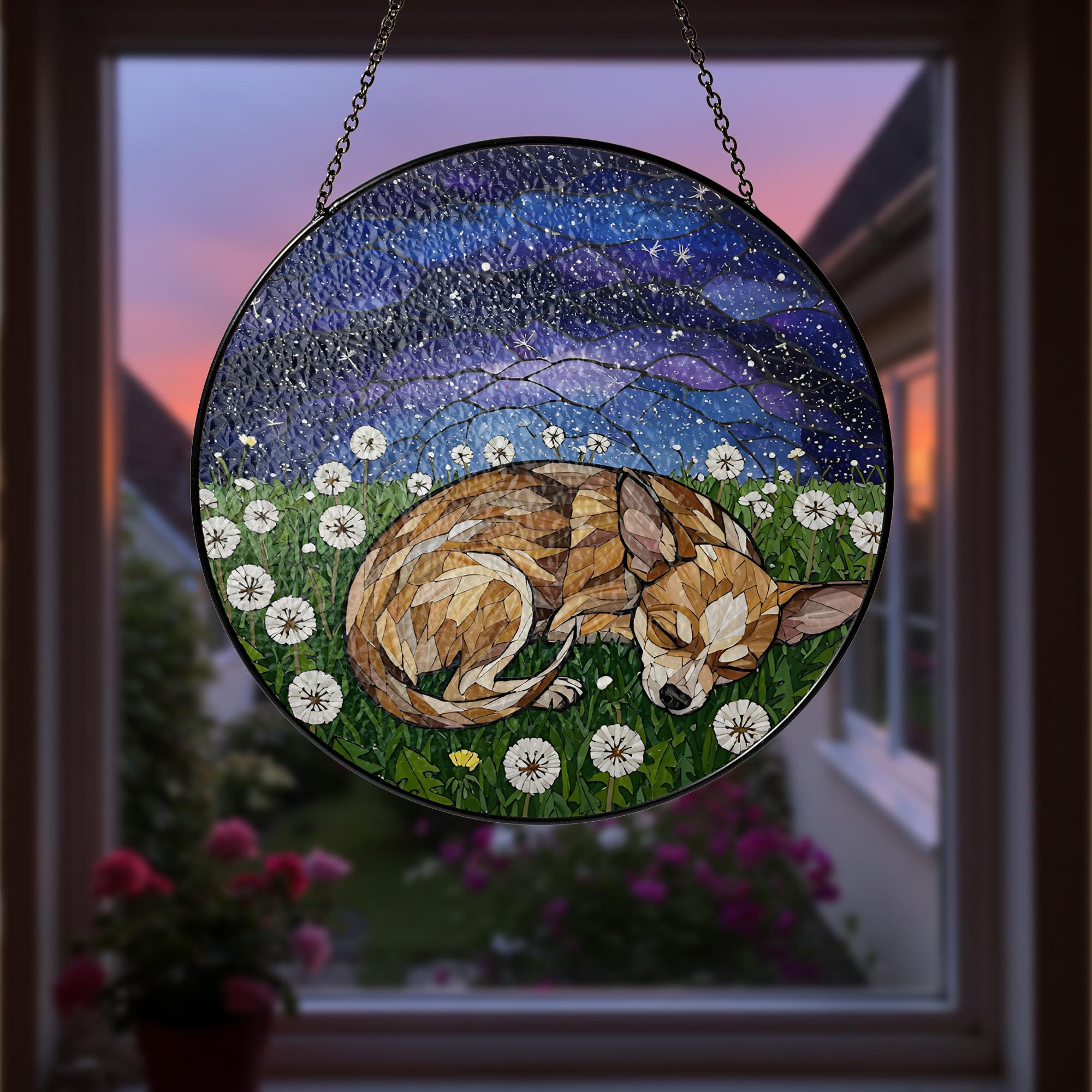 Chihuahua Glass Suncatcher, Sleeping Dog Window Art, Dandelion Flower Panel, Pet Memorial Gift, Small Dog Decor, Chihuahua Lover Gift
