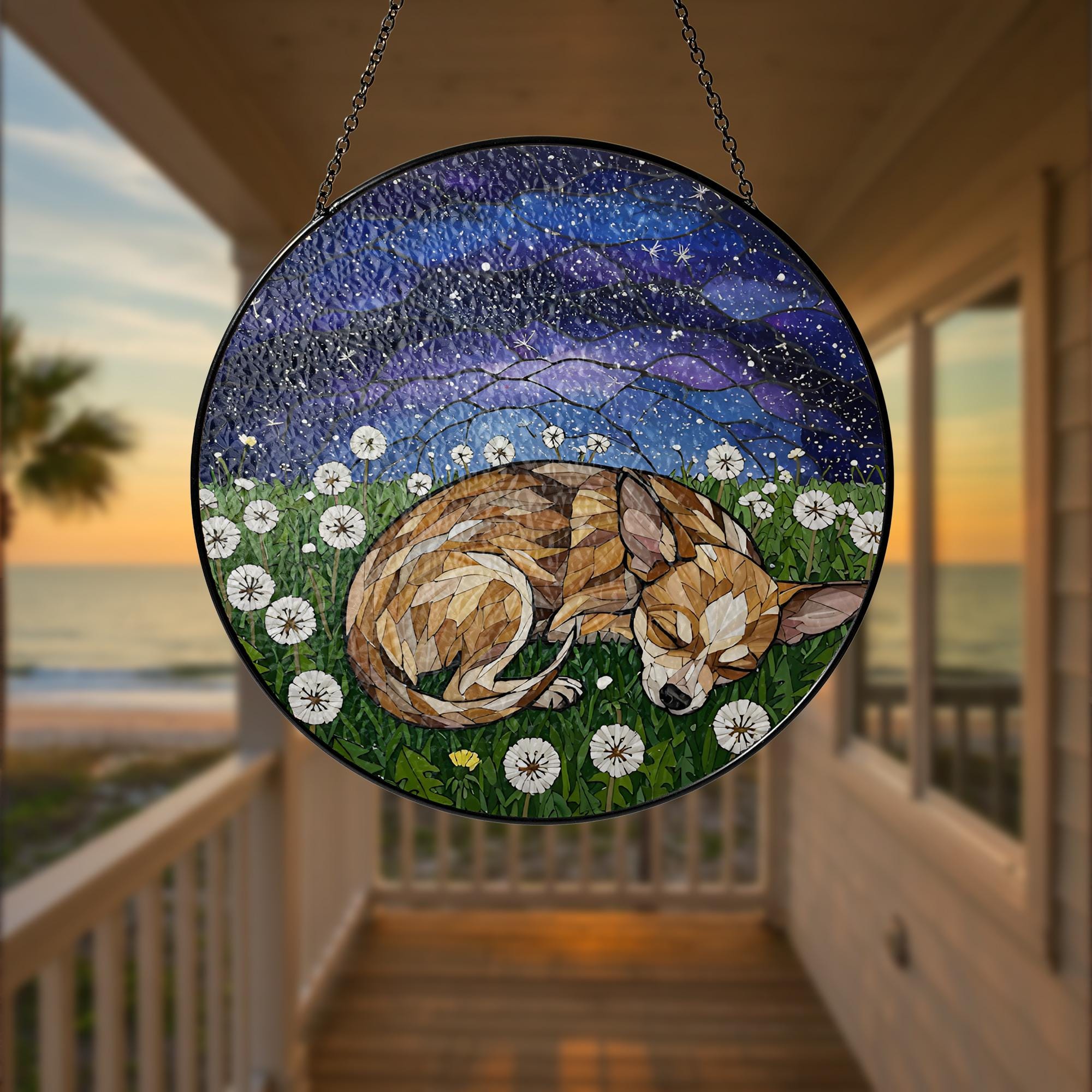 Chihuahua Glass Suncatcher, Sleeping Dog Window Art, Dandelion Flower Panel, Pet Memorial Gift, Small Dog Decor, Chihuahua Lover Gift