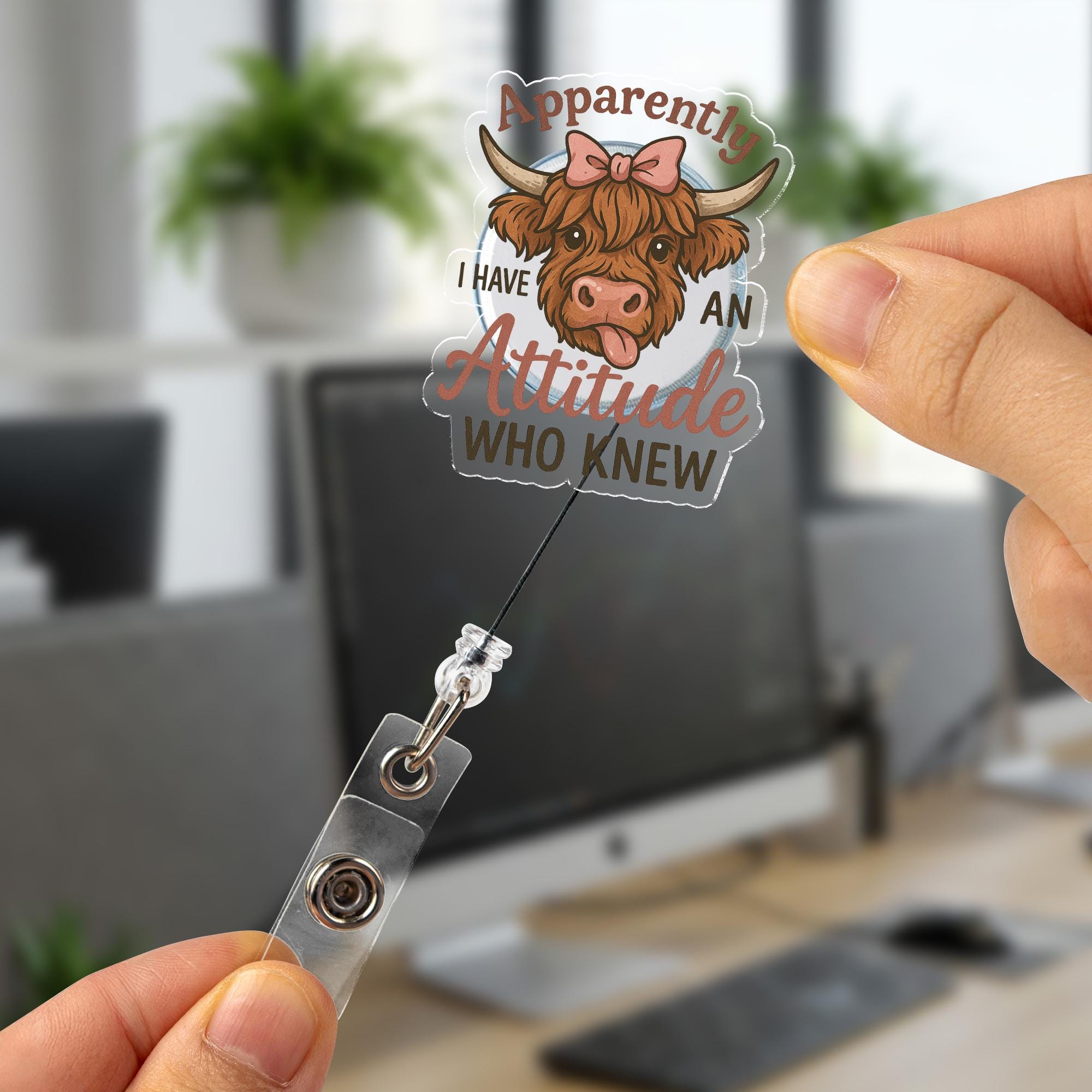 Funny Highland Cow Badge Reel, Sarcastic Nurse ID Holder, "Apparently I Have an Attitude" Retractable Badge Clip,Nurse, Teacher, Office Gift