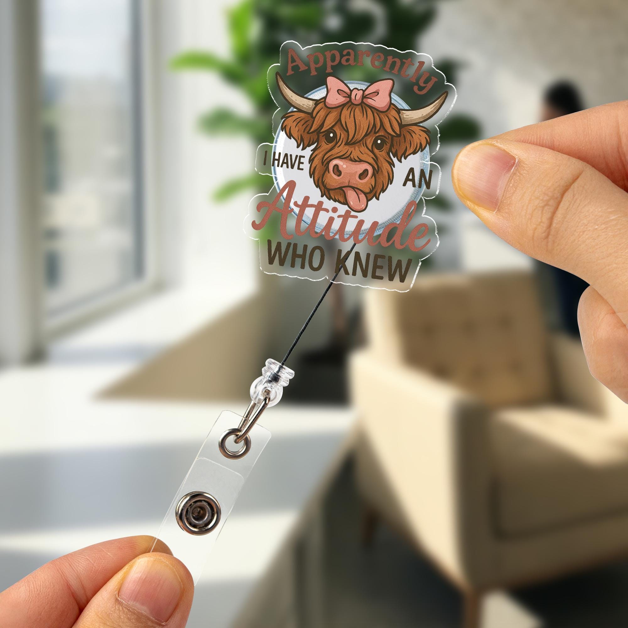 Funny Highland Cow Badge Reel, Sarcastic Nurse ID Holder, "Apparently I Have an Attitude" Retractable Badge Clip,Nurse, Teacher, Office Gift