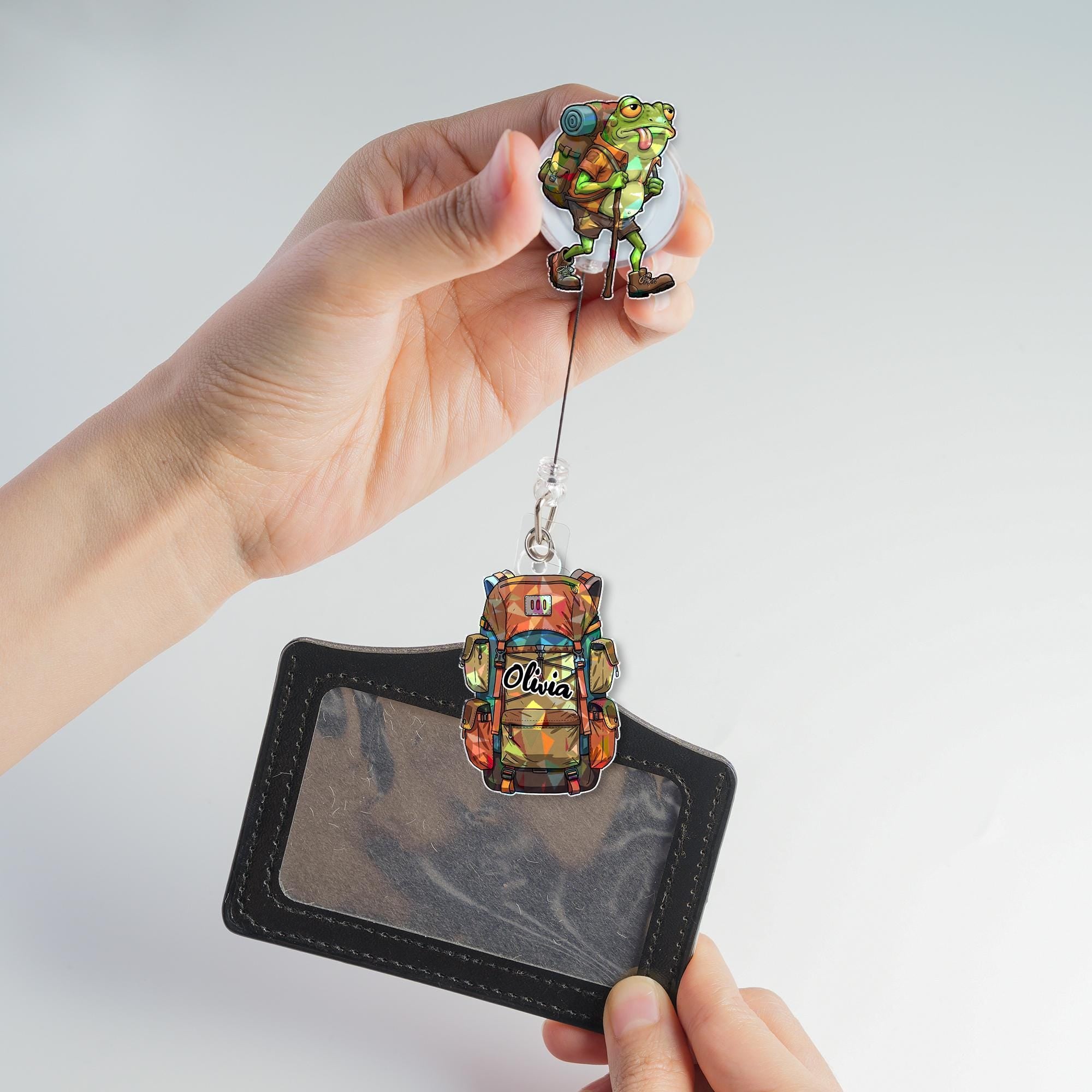 Funny Hiking Frog Badge Reel – Custom ID Holder for Nurses, Office Staff, Teachers – Retractable Work Badge Clip, Frog Trekking Lovers Gift