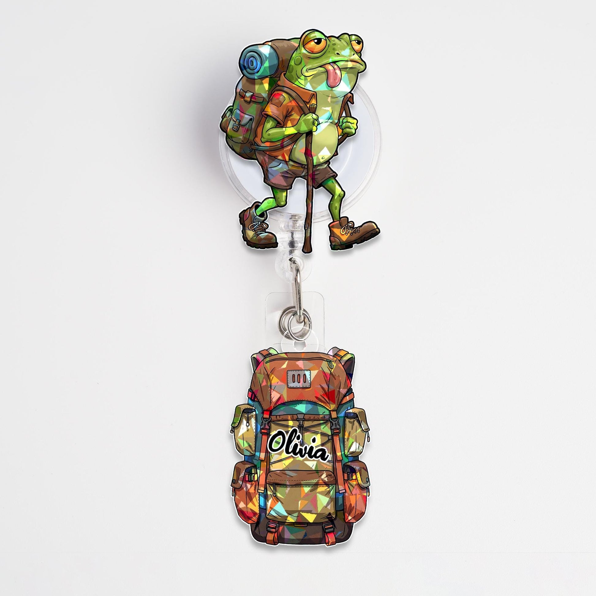 Funny Hiking Frog Badge Reel – Custom ID Holder for Nurses, Office Staff, Teachers – Retractable Work Badge Clip, Frog Trekking Lovers Gift