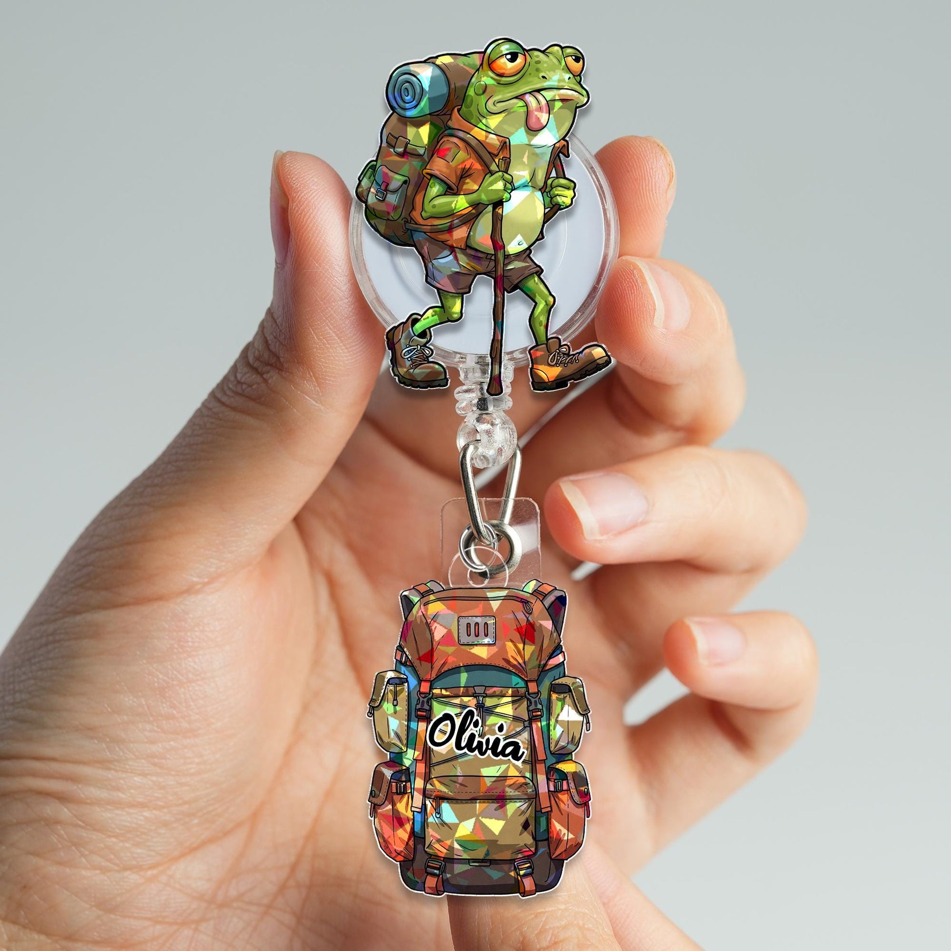 Funny Hiking Frog Badge Reel – Custom ID Holder for Nurses, Office Staff, Teachers – Retractable Work Badge Clip, Frog Trekking Lovers Gift