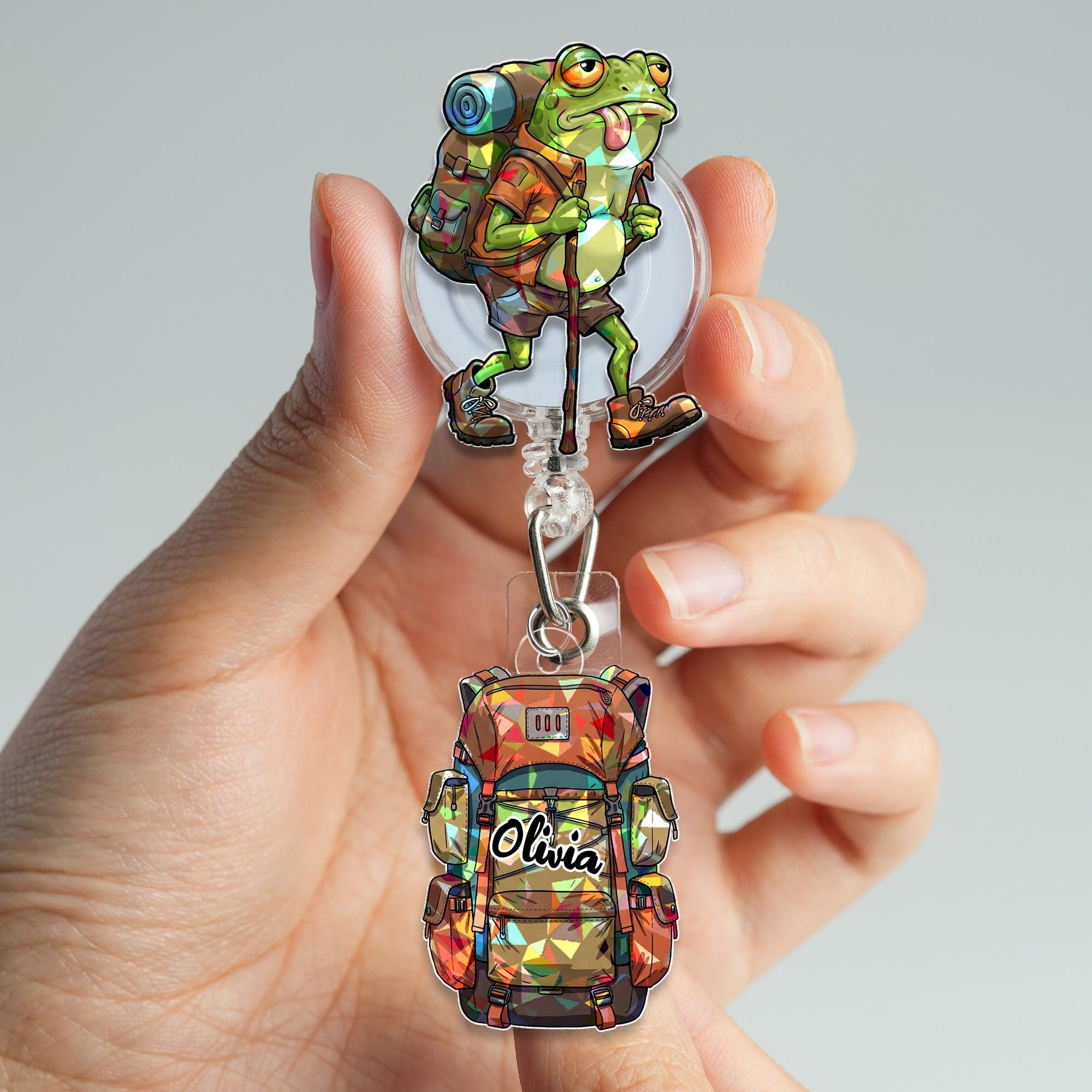 Funny Hiking Frog Badge Reel – Custom ID Holder for Nurses, Office Staff, Teachers – Retractable Work Badge Clip, Frog Trekking Lovers Gift