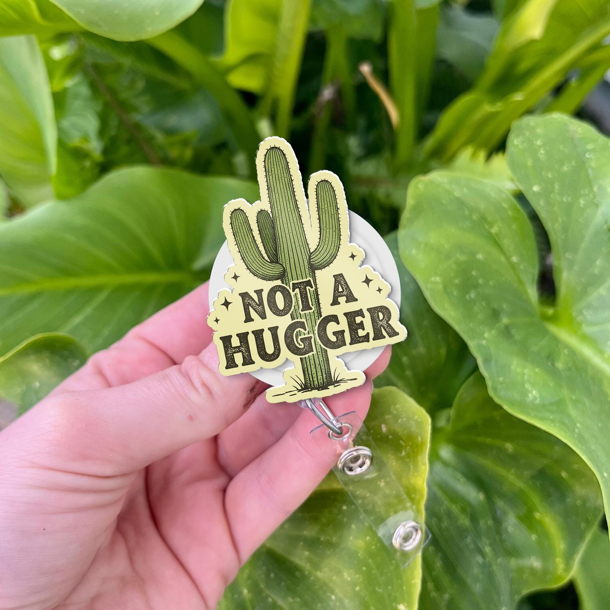 Funny Not A Hugger Cactus Badge Reel, Retractable ID Holder, Sarcastic Nurse Gift, Cute Succulent Introvert Badge Clip for Teacher Office