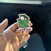 Funny Possum Badge Reel "I'll Be In My Office", Trash Can Opossum Retractable ID Holder, Cute Glitter Nurse Teacher Vet Tech Gift