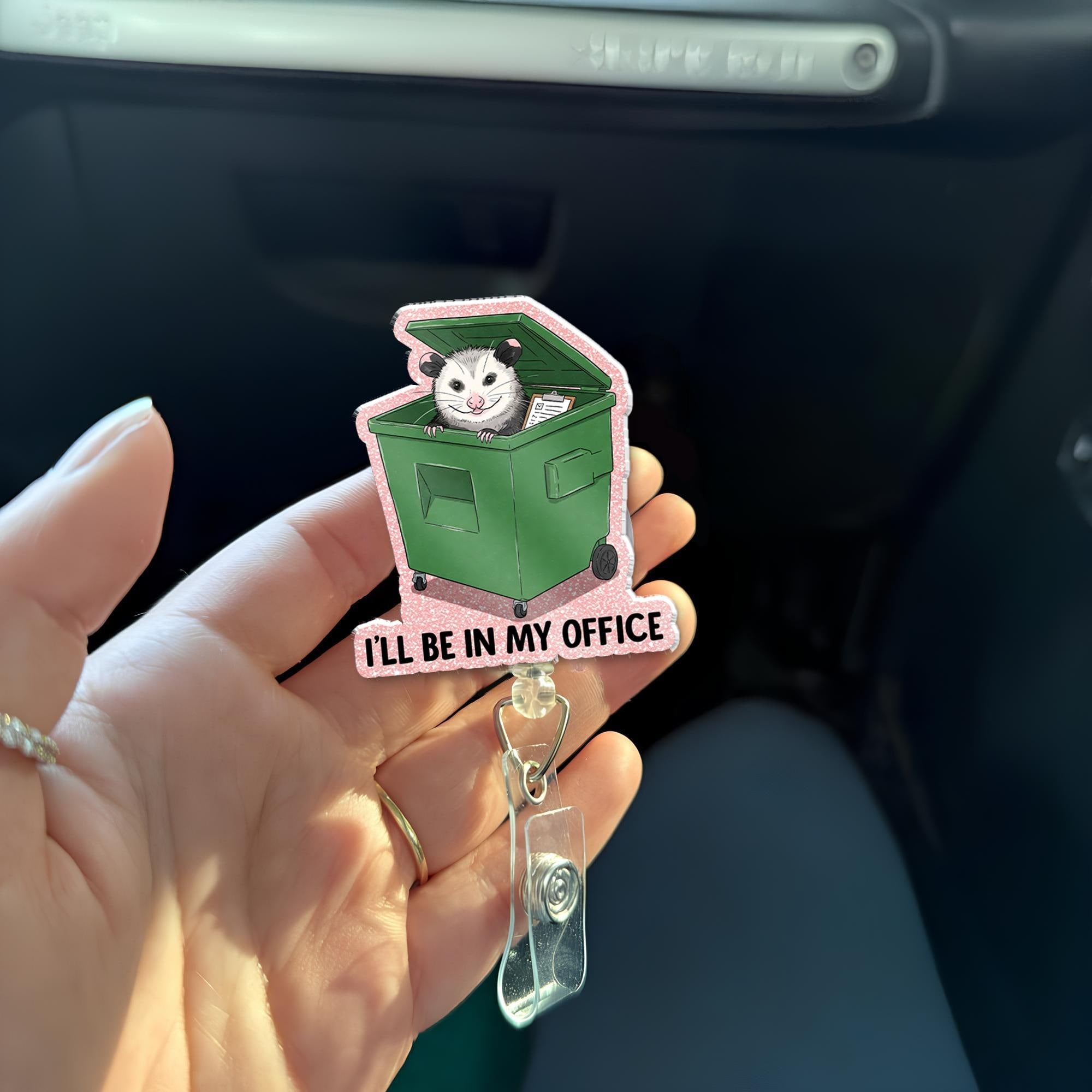Funny Possum Badge Reel "I'll Be In My Office", Trash Can Opossum Retractable ID Holder, Cute Glitter Nurse Teacher Vet Tech Gift