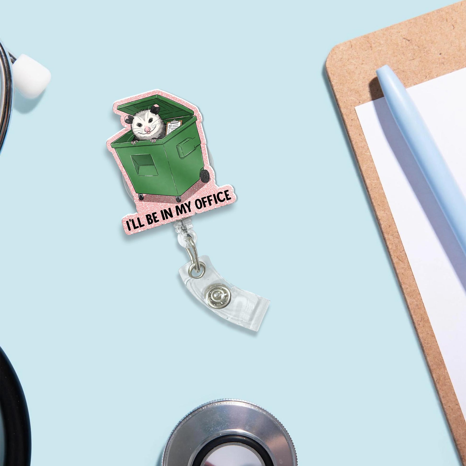 Funny Possum Badge Reel "I'll Be In My Office", Trash Can Opossum Retractable ID Holder, Cute Glitter Nurse Teacher Vet Tech Gift