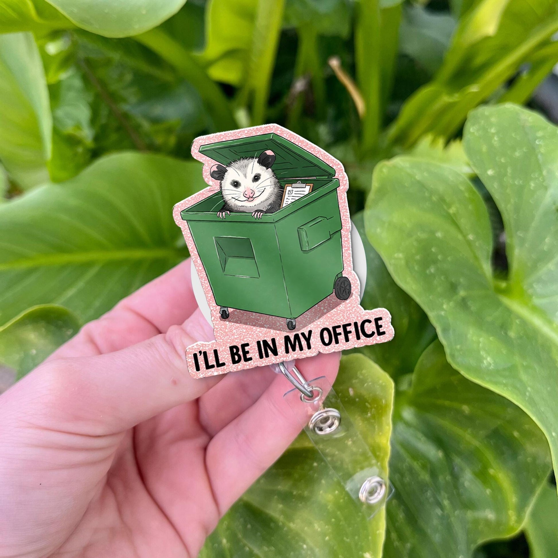 Funny Possum Badge Reel "I'll Be In My Office", Trash Can Opossum Retractable ID Holder, Cute Glitter Nurse Teacher Vet Tech Gift